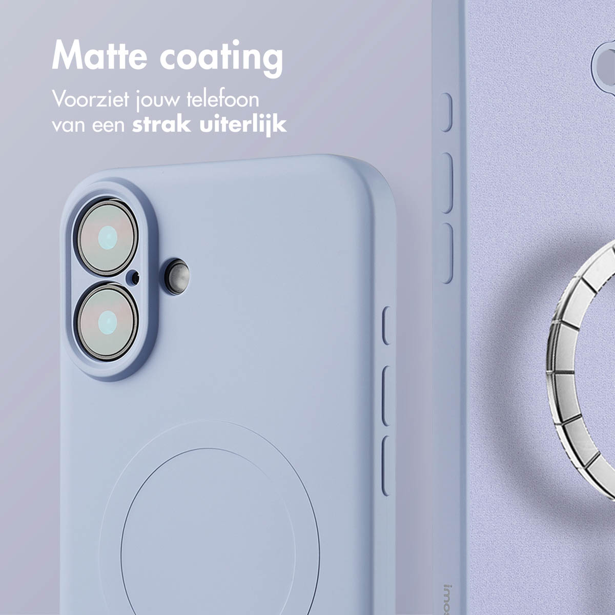 Coque de téléphone bleu clair avec une bosse pour l'appareil photo et un anneau argenté, vue rapprochée.