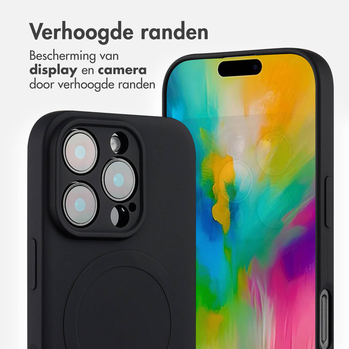Coque de téléphone noire avec un hexagone blanc, protégeant un téléphone, sur fond noir.