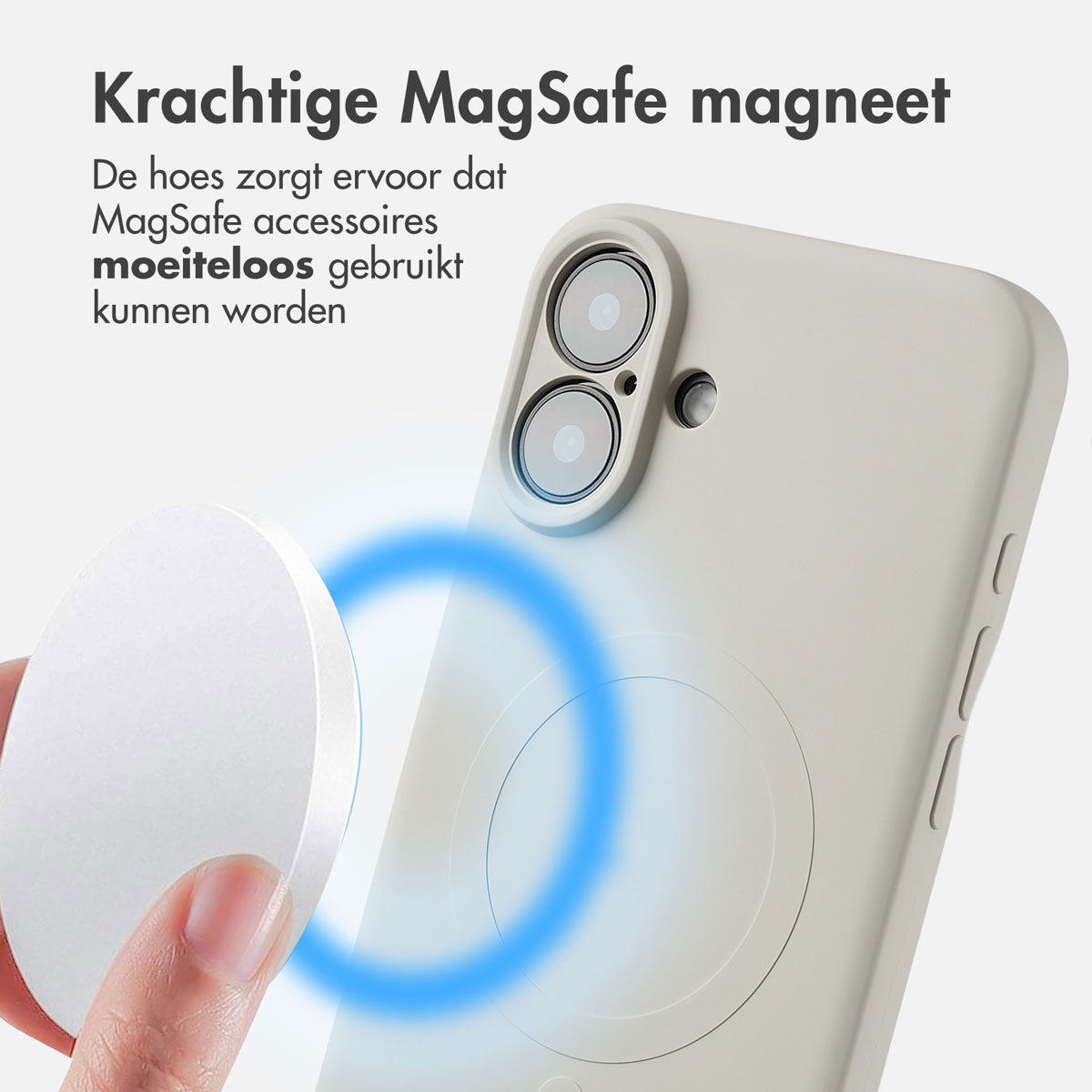 Coque de téléphone avec aimant circulaire au dos, main tenant un disque.