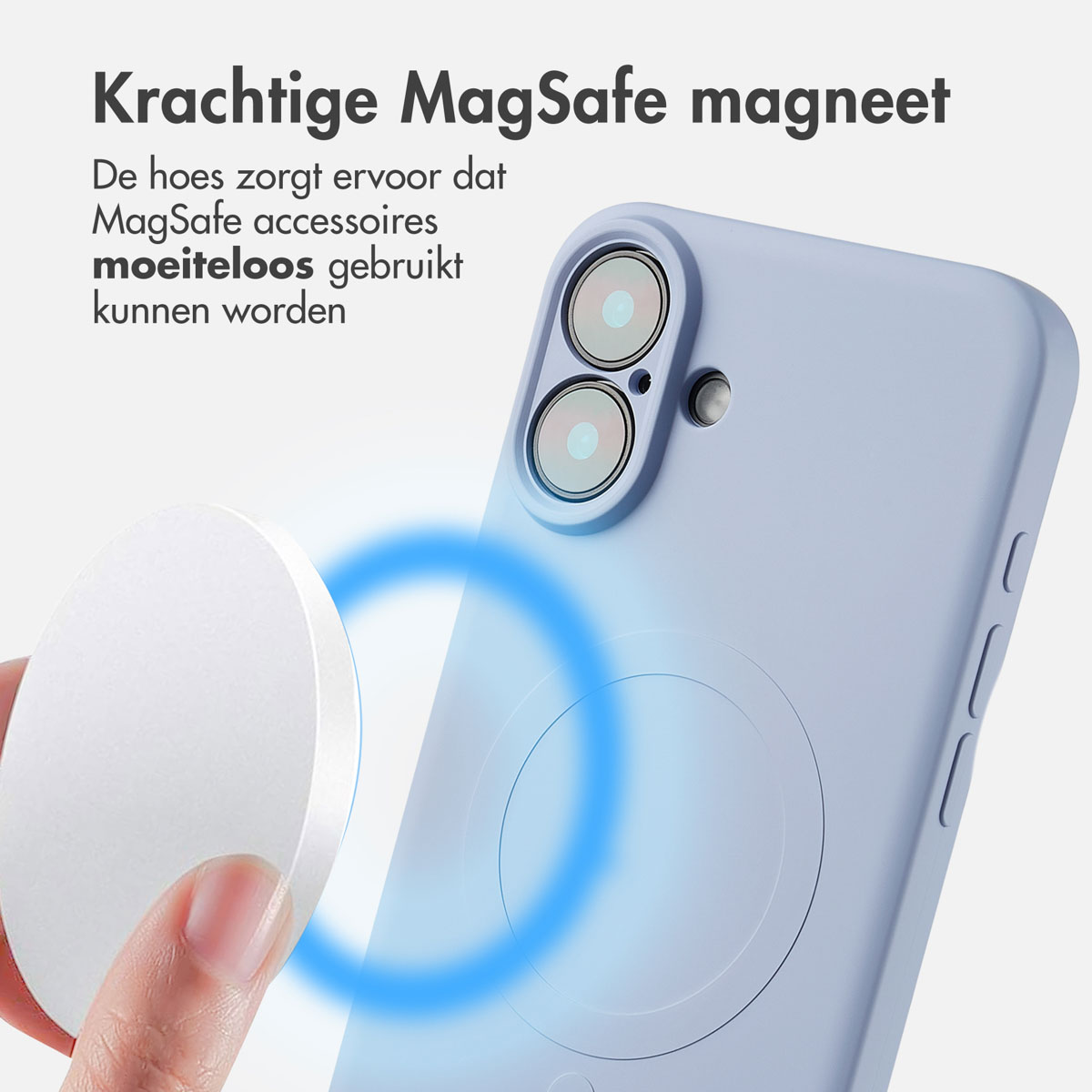 Une coque de téléphone violet clair avec un chargeur MagSafe circulaire blanc. Texte en néerlandais.