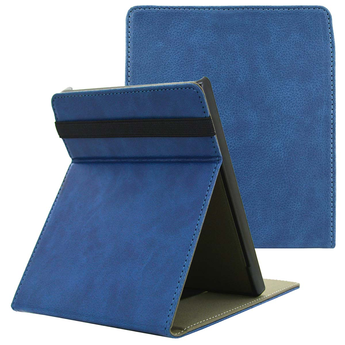 Een blauwe tablethoes met een standaard. De hoes is open en toont de binnenkant.