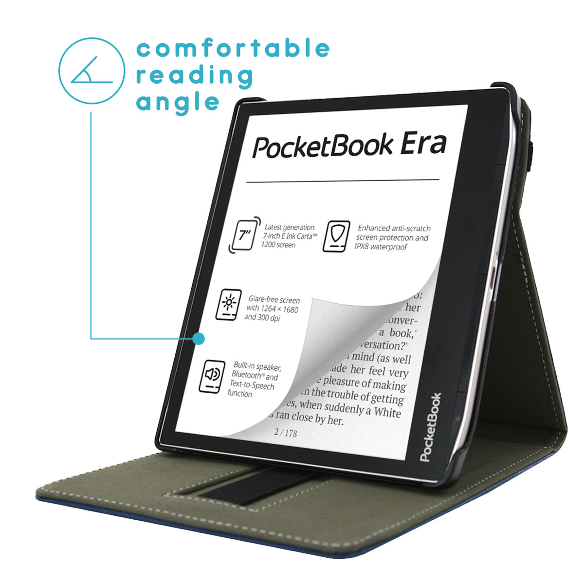 Een zwarte e-reader in een blauwgroene hoes met tekst en afbeeldingen.