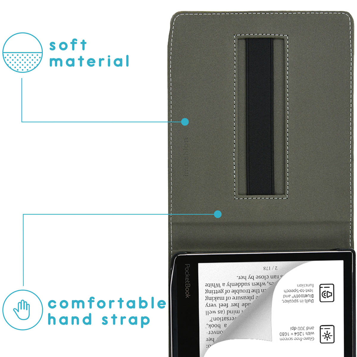 Grijze e-reader hoes open, met een scherm en tekst. Tekst benadrukt 'zacht materiaal'.
