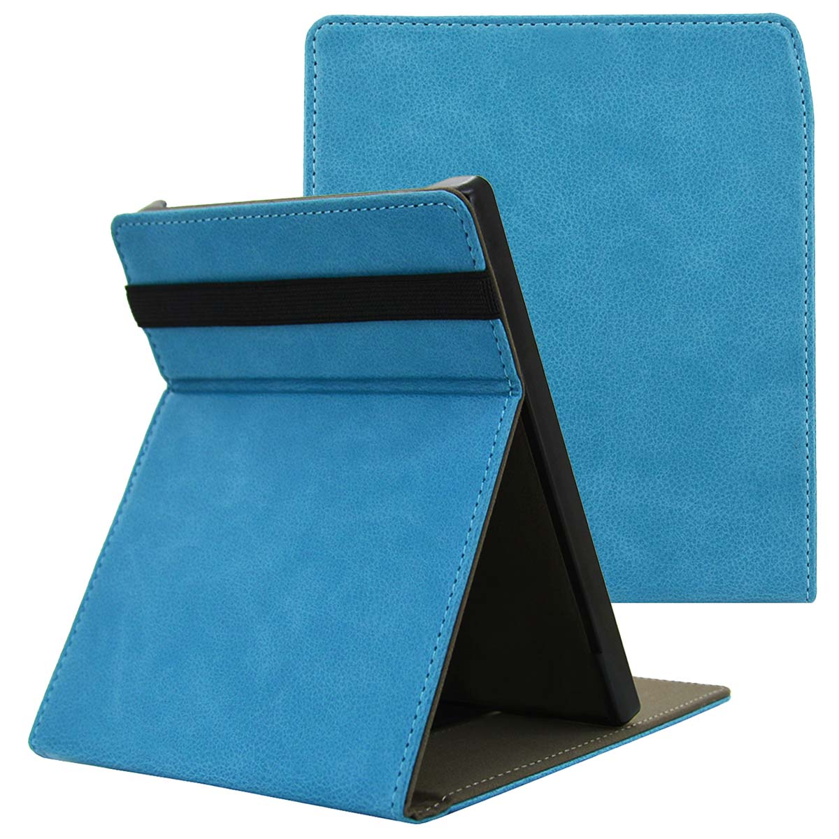 Blauwe tablethoes, open en dicht. Zwarte elastische band, witte achtergrond.