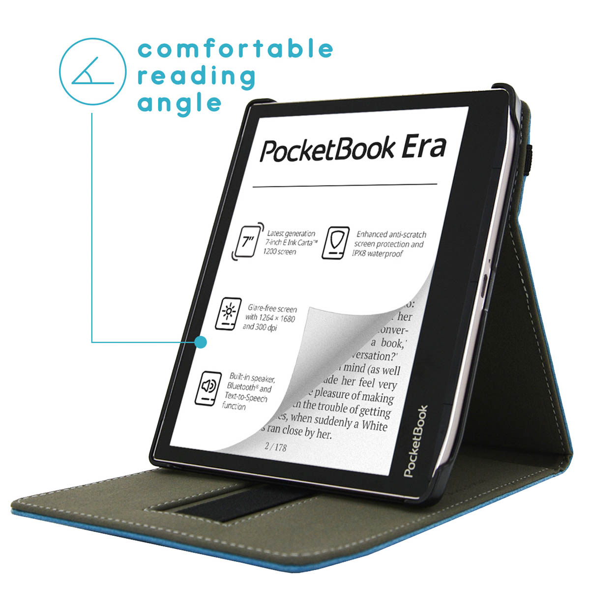Een e-reader in een hoes. Het is open en toont tekst. Tekst is zwart op wit, met een blauwe omslag.