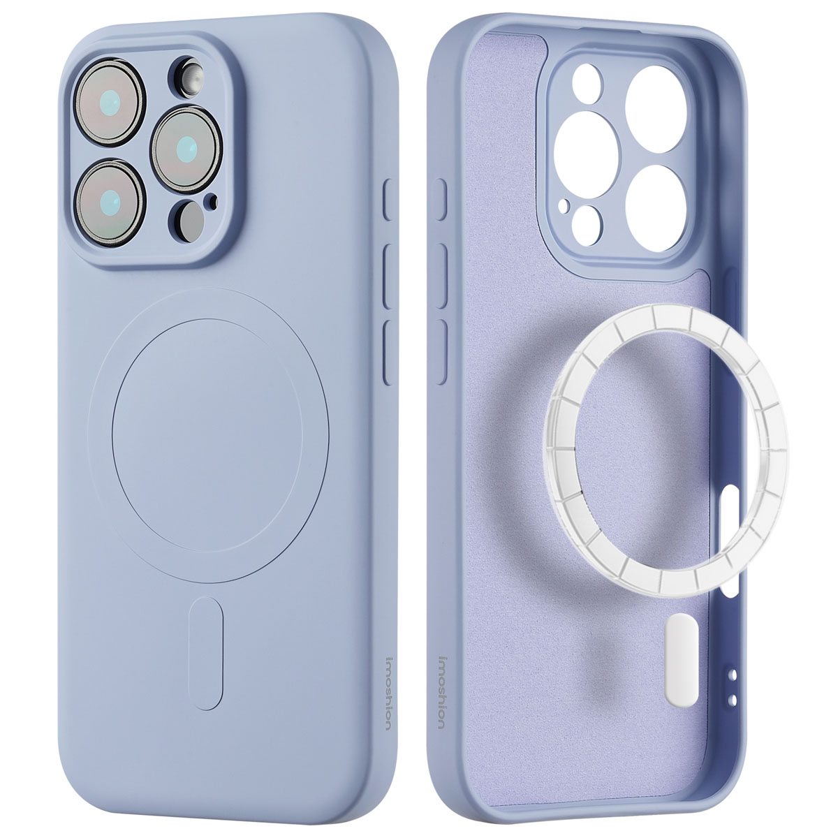 Coque de téléphone bleu clair, avec un anneau MagSafe blanc, et un intérieur lavande.