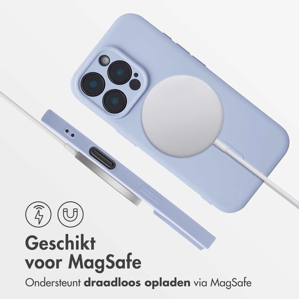 Téléphone lilas, chargeur MagSafe blanc et étui sur une surface claire. Texte : 'Geschikt voor MagSafe'.