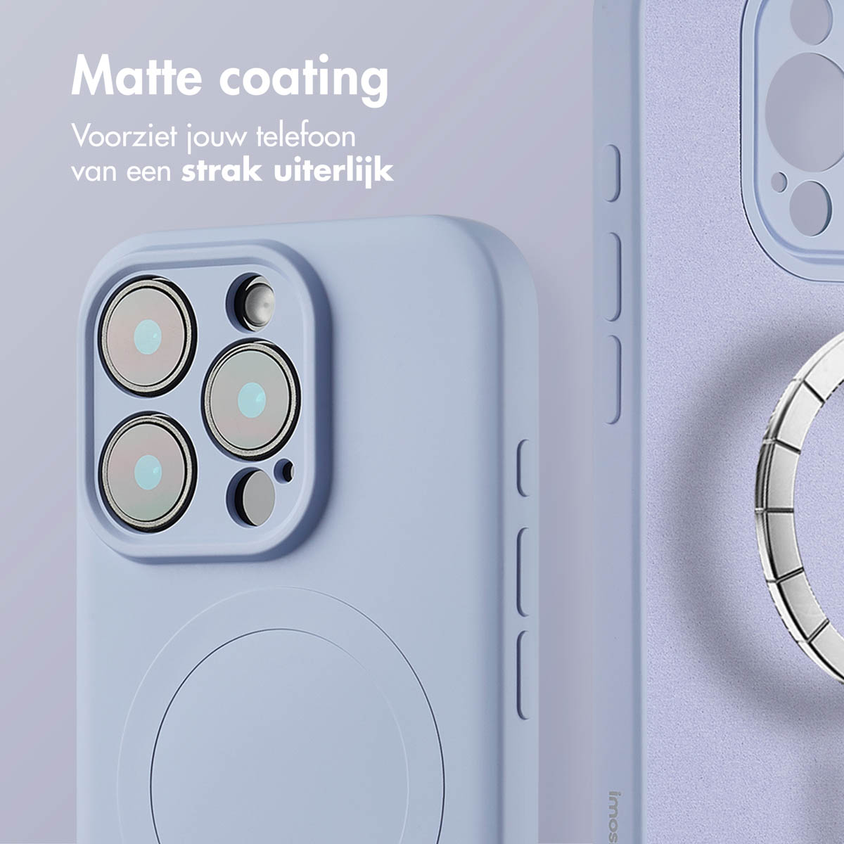 Deux coques de téléphone de couleur violet clair, montrant une protection de caméra et un aimant circulaire.