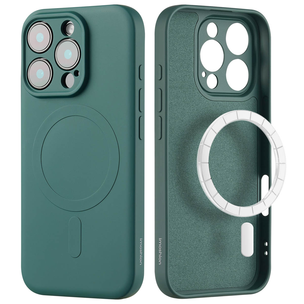 Groene telefoonhoes met camera-uitsparingen en een witte magsafe ring.