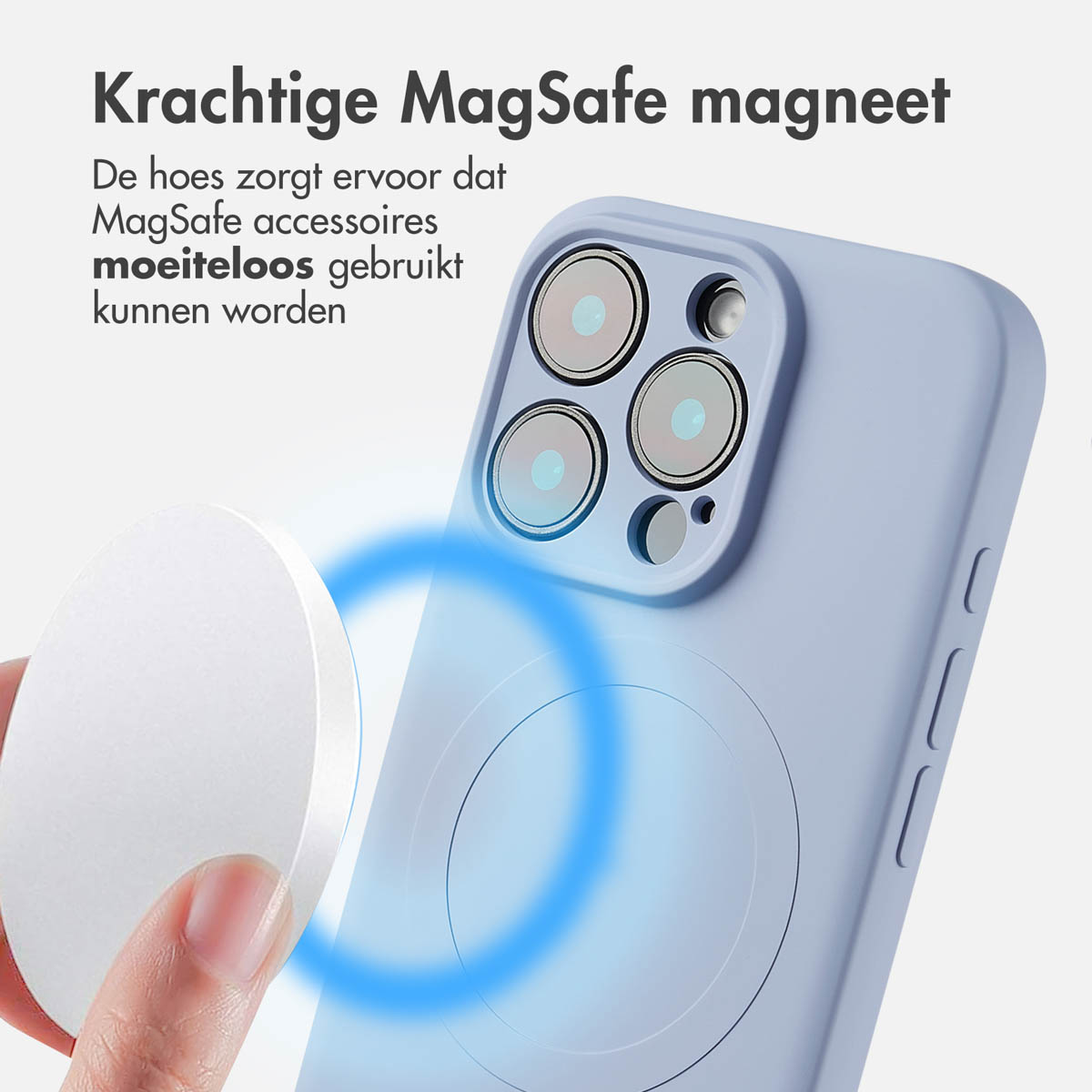 Coque de téléphone avec aimant MagSafe. Un téléphone est à proximité. Texte : Krachtige MagSafe magneet.