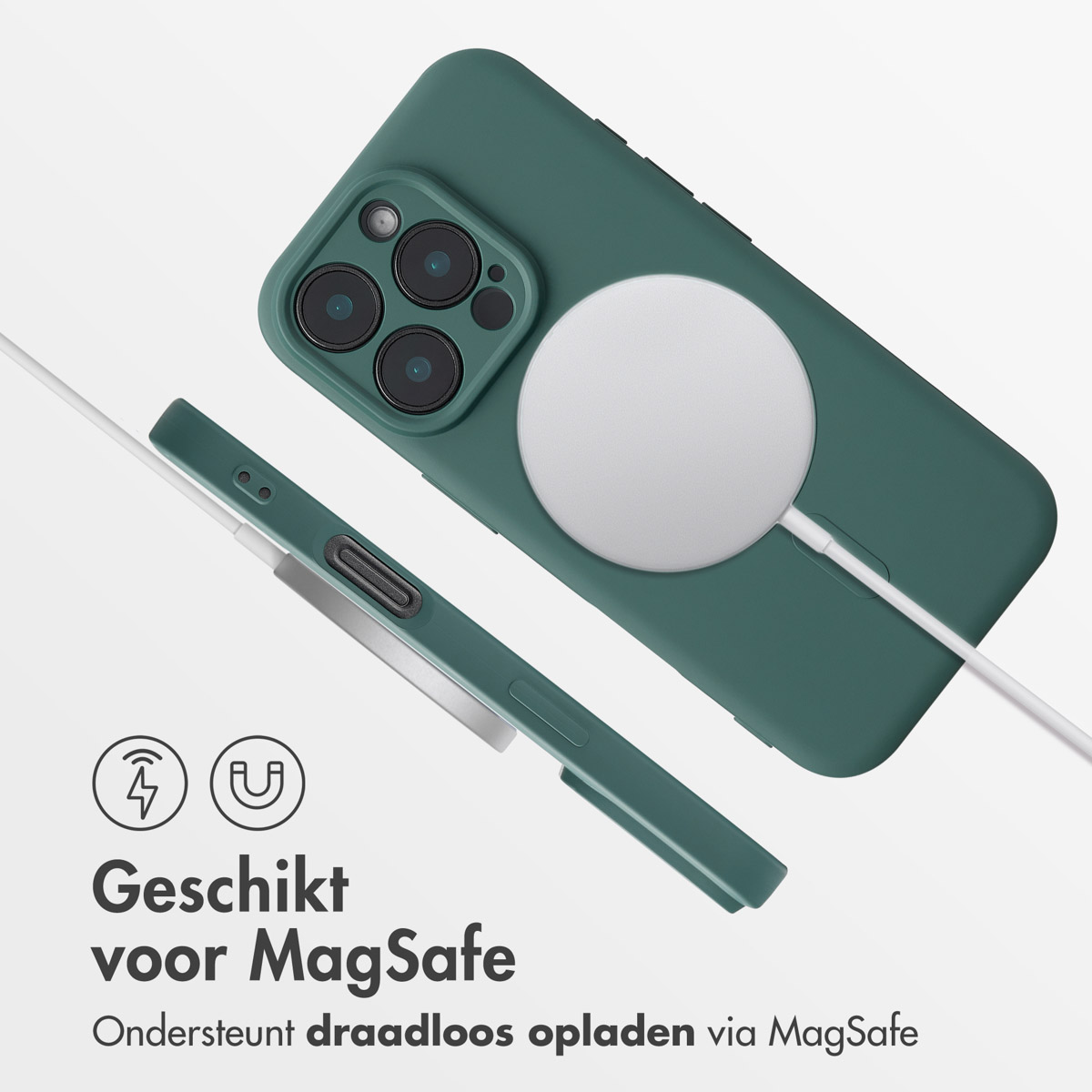 Groene telefoonhoes met witte MagSafe-oplader. Tekst: Geschikt voor MagSafe, ondersteunt draadloos opladen.