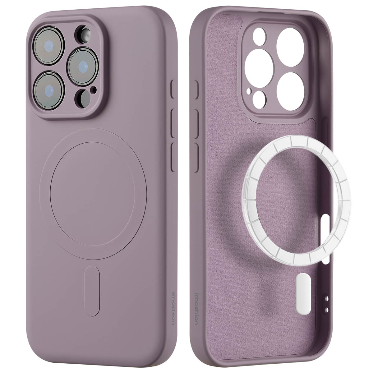 Coque de téléphone violette avec un cercle magnétique au dos. Deux parties sont visibles. Fond blanc.