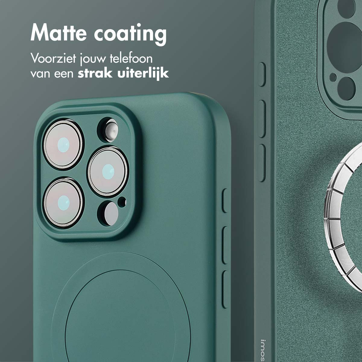 Groene telefoonhoes met een magnetische cirkel. De hoes bedekt de achterkant van de telefoon.