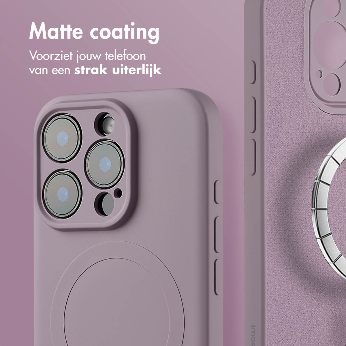Coque de téléphone violette avec un anneau magnétique au dos. Texte : Revêtement mat.