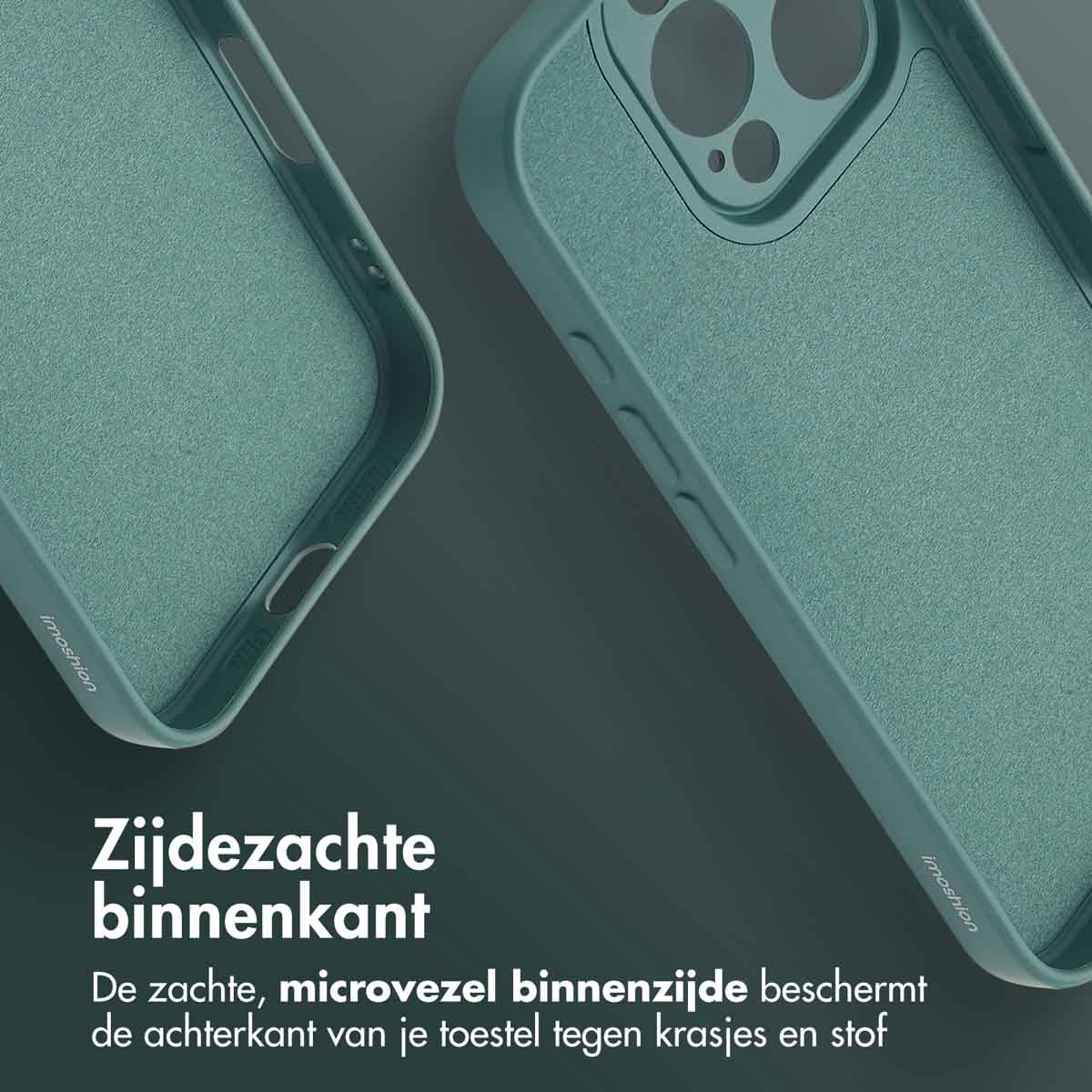 Een blauwgroene telefoonhoes, die de binnenkant van de hoes laat zien. Tekst in het Nederlands.