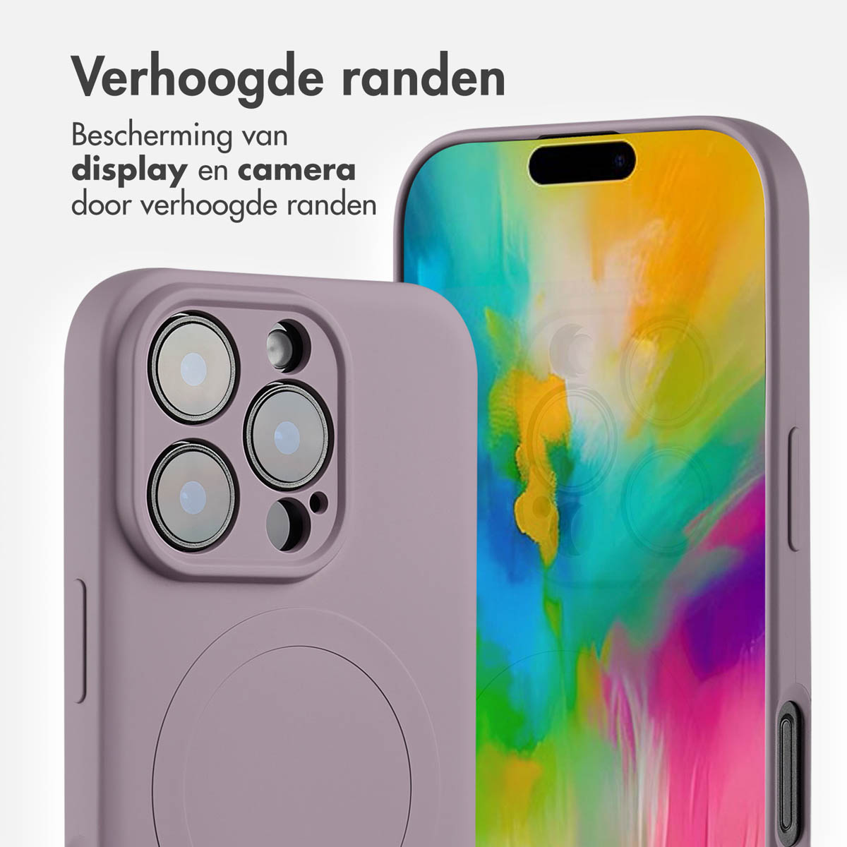 Une coque de téléphone lilas avec un anneau magnétique, texte sur la protection de l'écran et de la caméra.