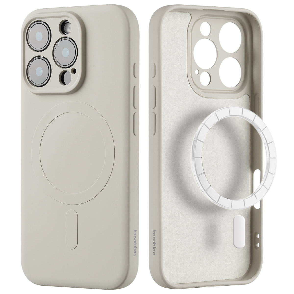 Une coque de téléphone en gris clair. Elle a un cercle MagSafe à l'arrière. Fond blanc.