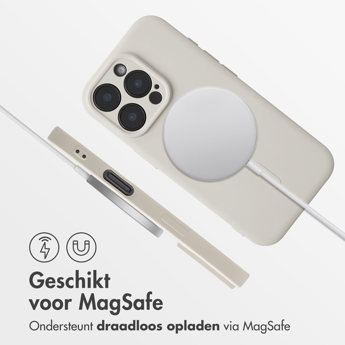 Téléphone avec chargeur MagSafe attaché et texte sur la prise en charge MagSafe.