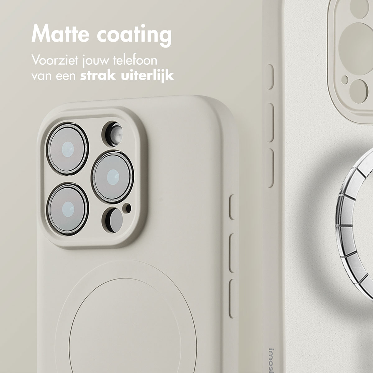 Coque avec revêtement mat et anneau MagSafe. Texte : Revêtement mat. Offre un look élégant.