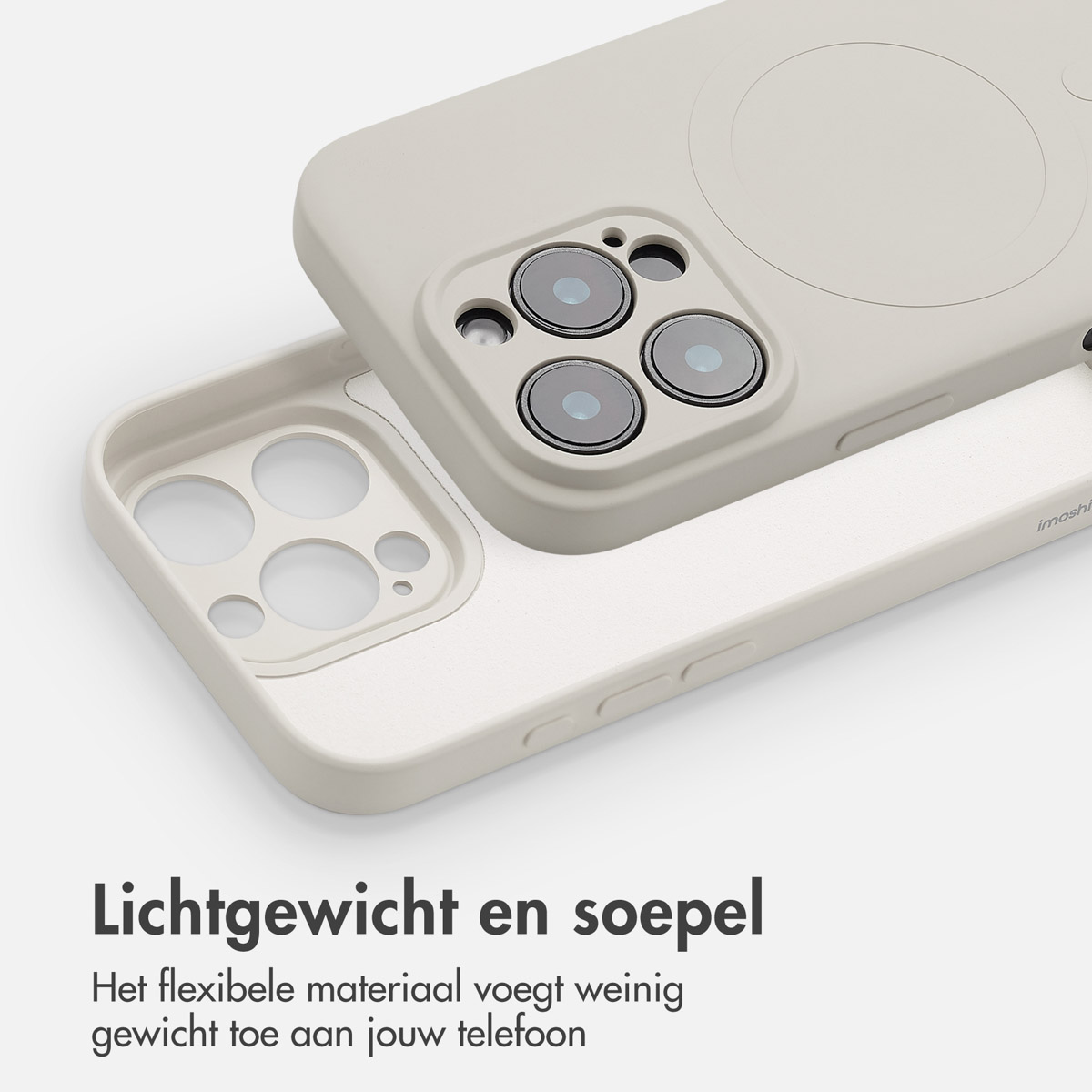 Coque de téléphone beige avec téléphone, texte en néerlandais. Fond blanc.