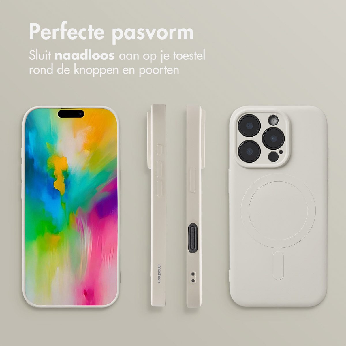 Coque de téléphone avec art coloré, trois vues. Blanche, avec découpes de boutons, trou caméra.