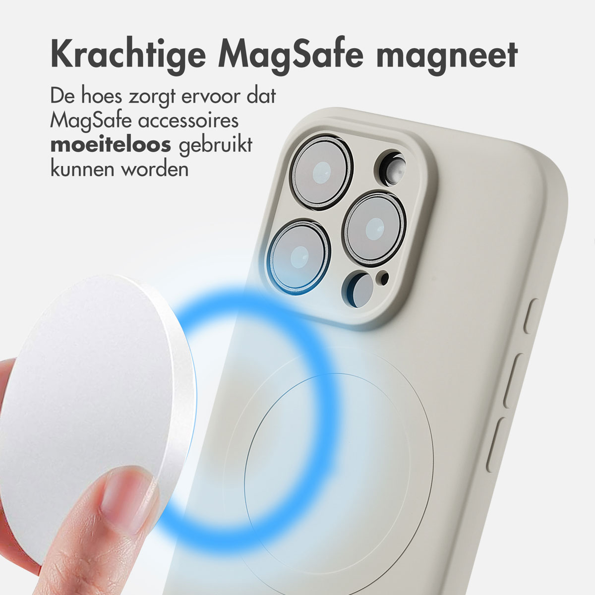 Une coque de téléphone avec un anneau blanc. Une main tient un cercle blanc, surligné en bleu.