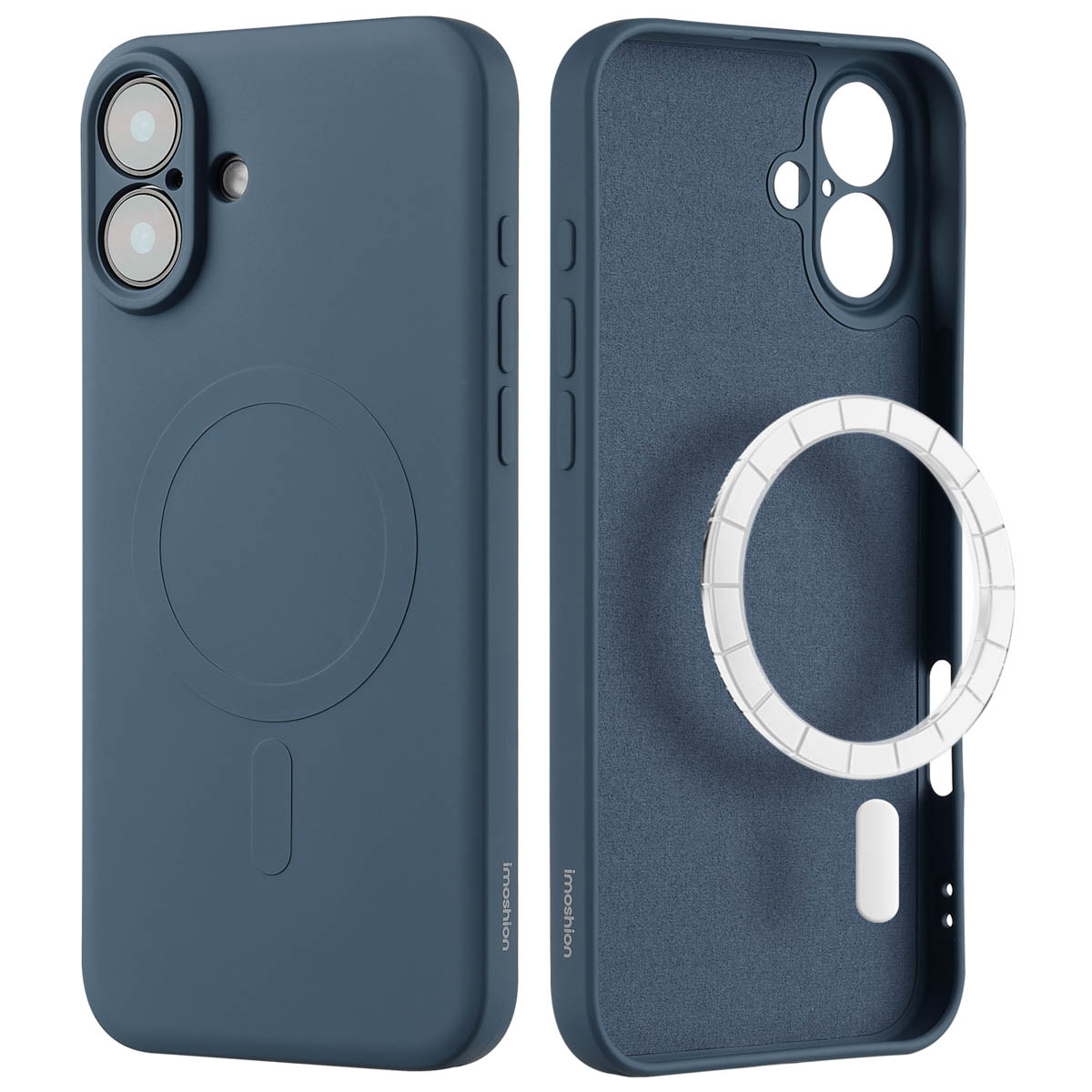 Coque de téléphone bleue avec un cercle magnétique au dos. Deux parties sont visibles. Fond blanc.