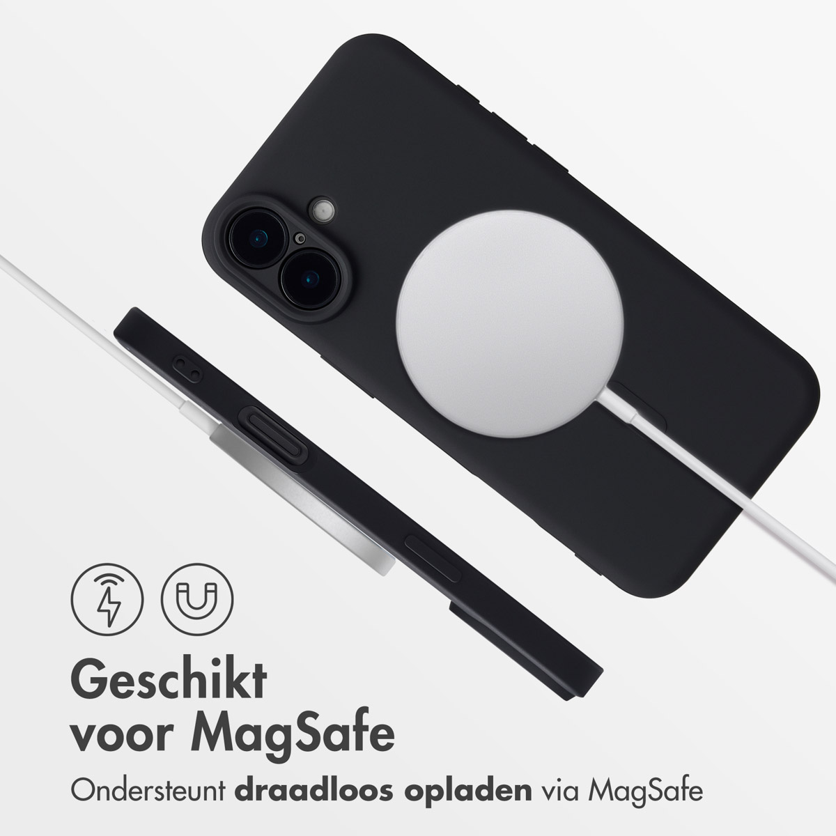 Une coque de téléphone noire avec chargeur MagSafe. Le téléphone se charge, le chargeur est connecté.