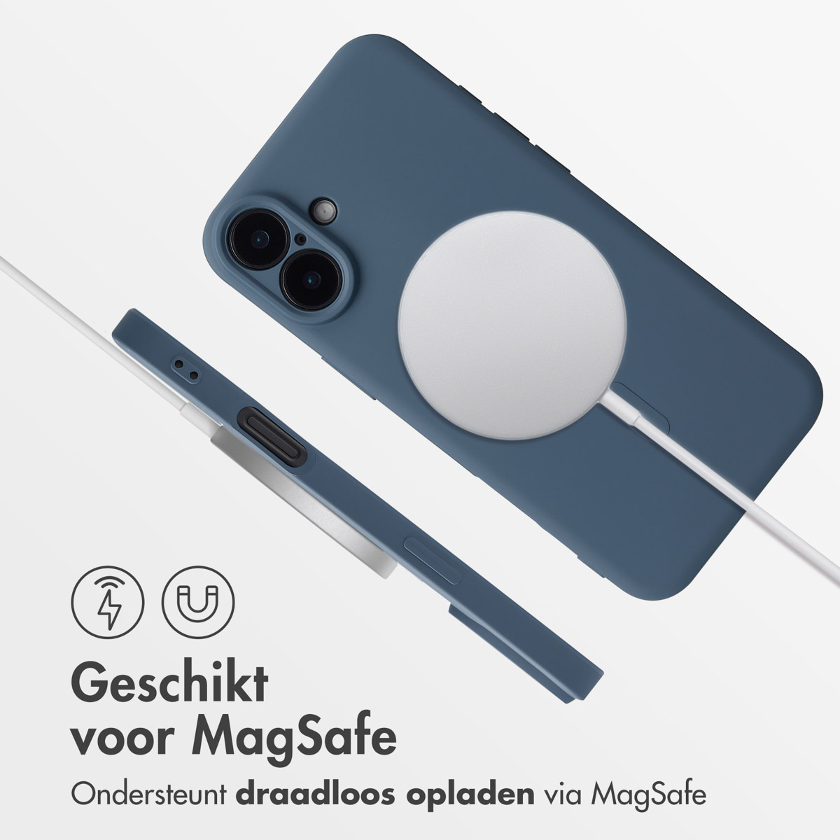 Coque de téléphone bleue avec un chargeur sans fil blanc, un téléphone et du texte indiquant la compatibilité MagSafe.
