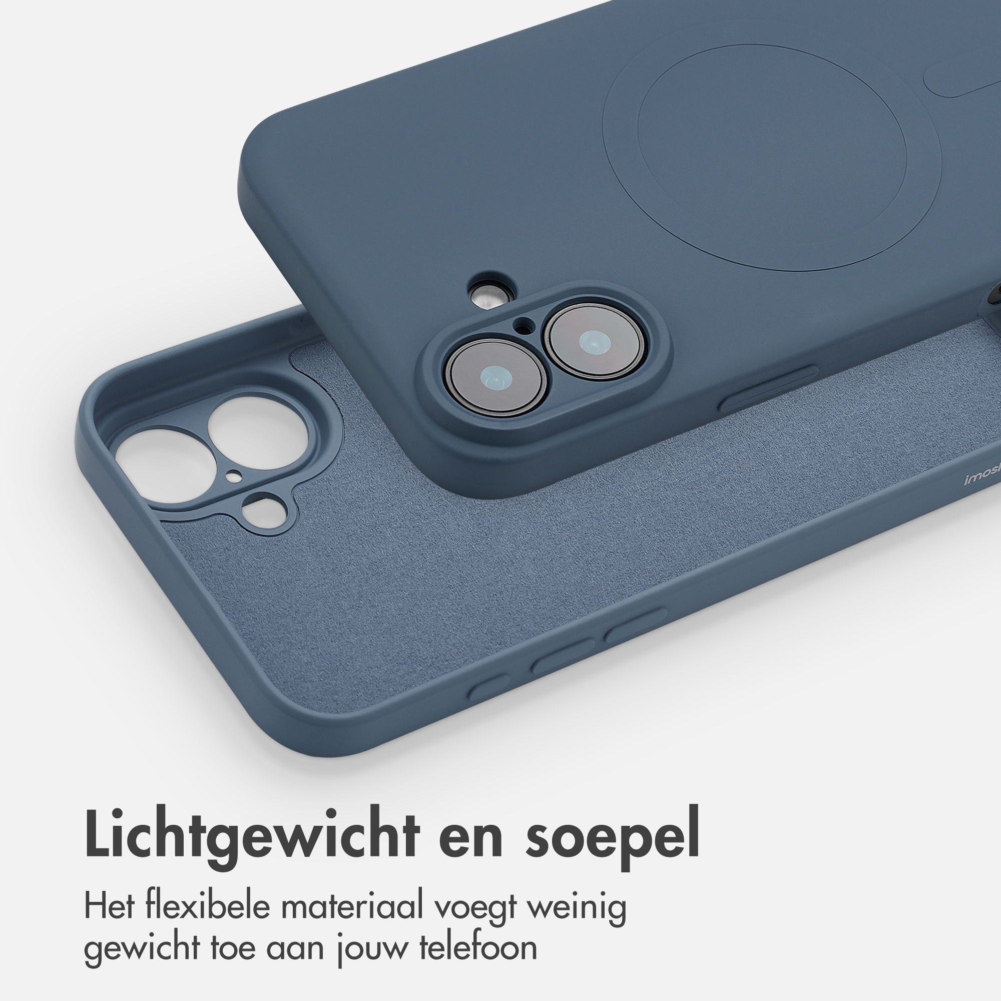 Un étui de téléphone bleu montrant l'intérieur et l'extérieur, avec du texte en néerlandais.