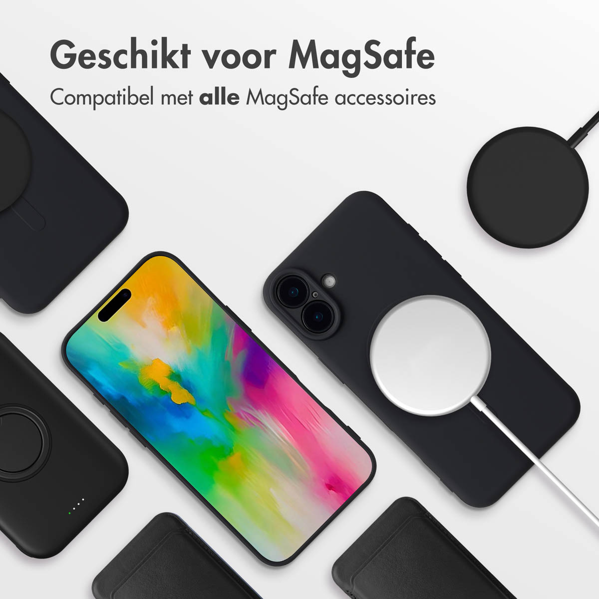 L'image montre plusieurs étuis et chargeurs de téléphone noirs, avec un téléphone affichant un arrière-plan coloré. Texte : Geschikt voor MagSafe.