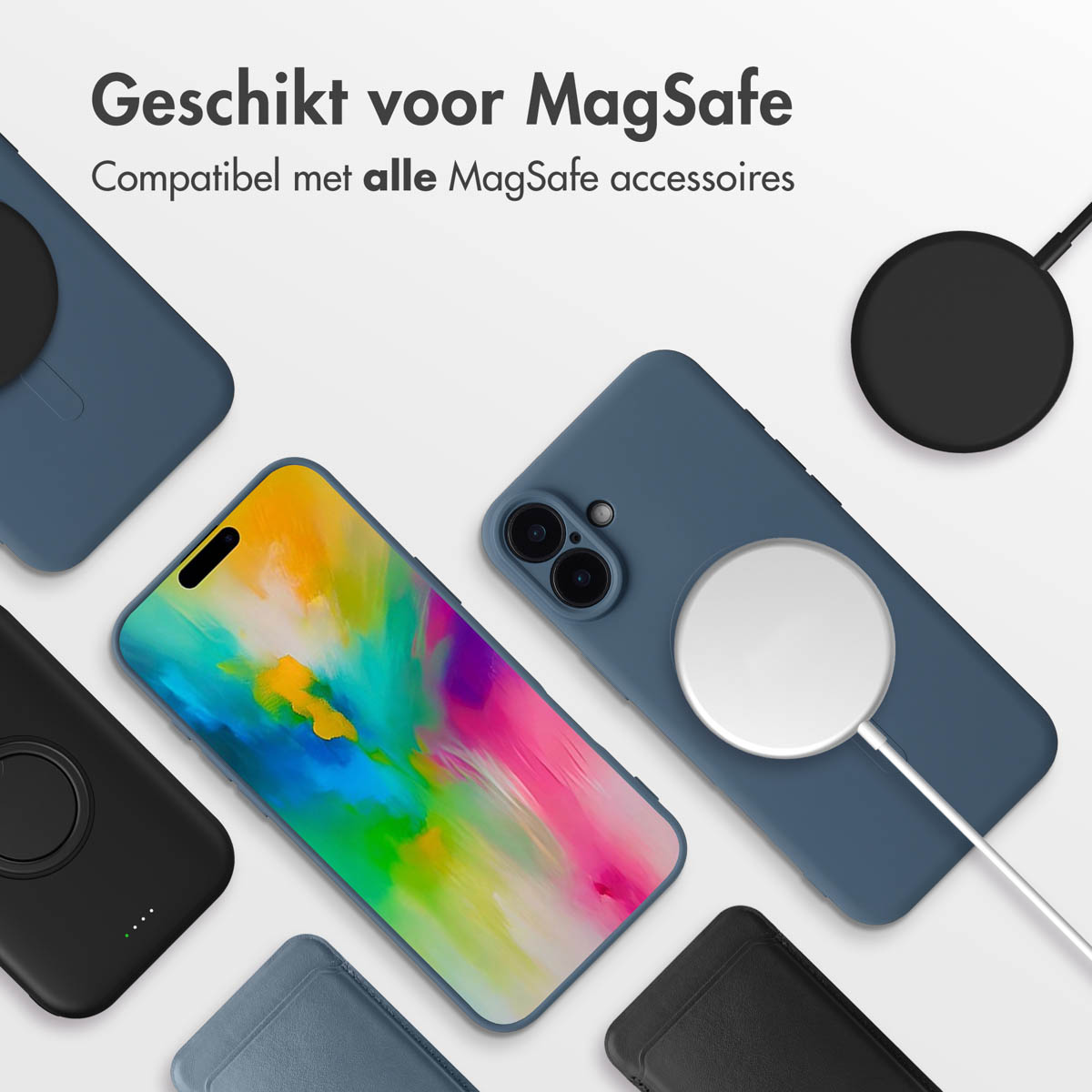 L'image montre des téléphones dans des étuis et des accessoires MagSafe sur une surface blanche. Les téléphones ont des écrans colorés. Le texte dit 'Convient pour MagSafe'.