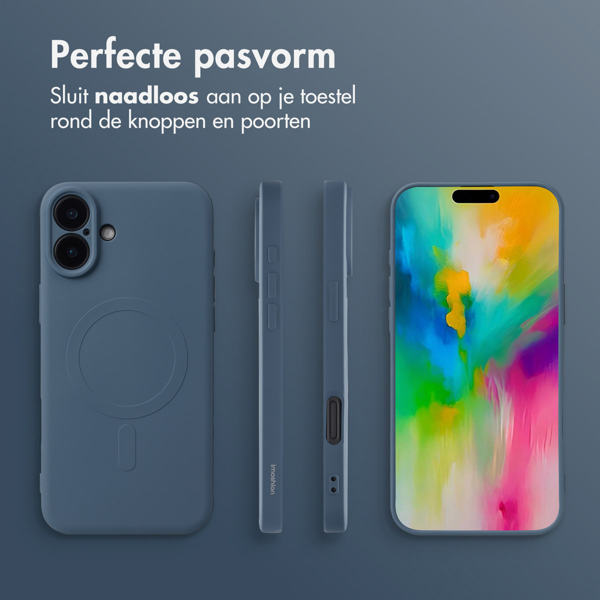 Coque de téléphone bleue, vue latérale, vue de face, et téléphone avec écran coloré, fond gris.