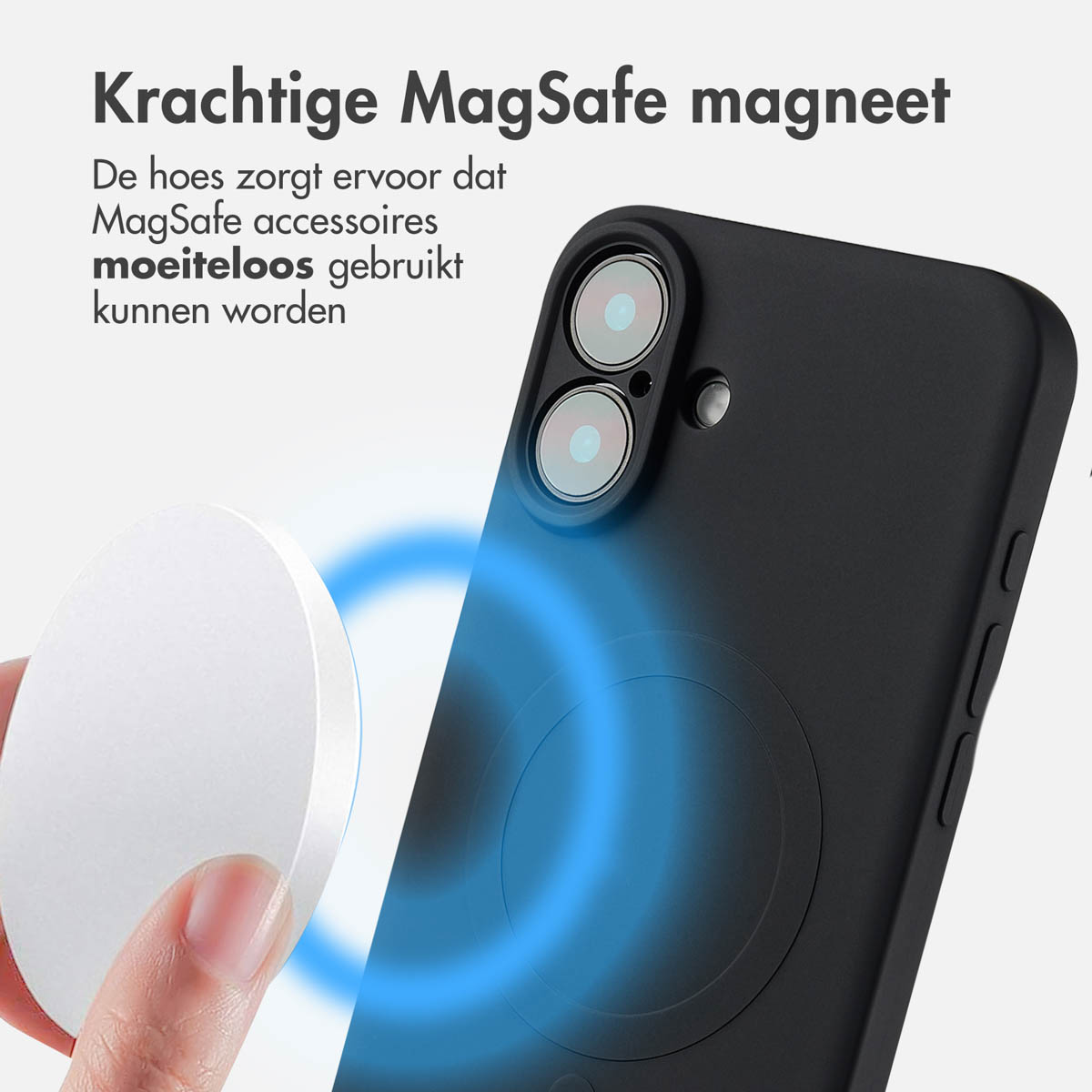 Coque de téléphone noire avec chargeur MagSafe blanc. Texte: Aimant MagSafe puissant. La coque facilite l'utilisation des accessoires.