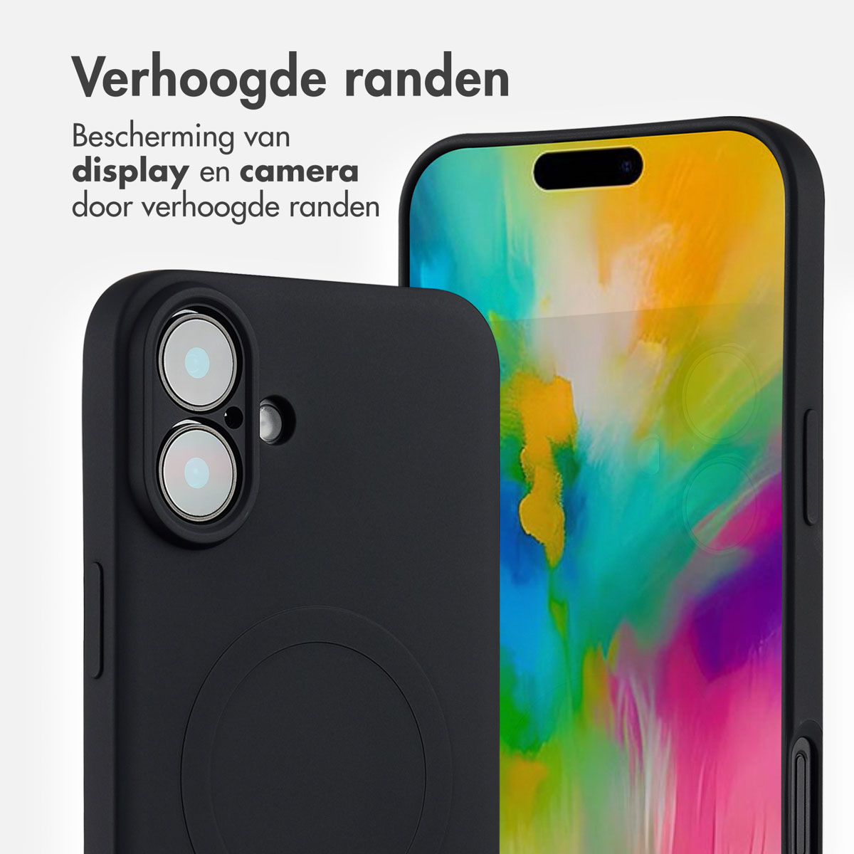 Coque de téléphone noire avec un téléphone à l'intérieur, montrant la caméra et l'écran.