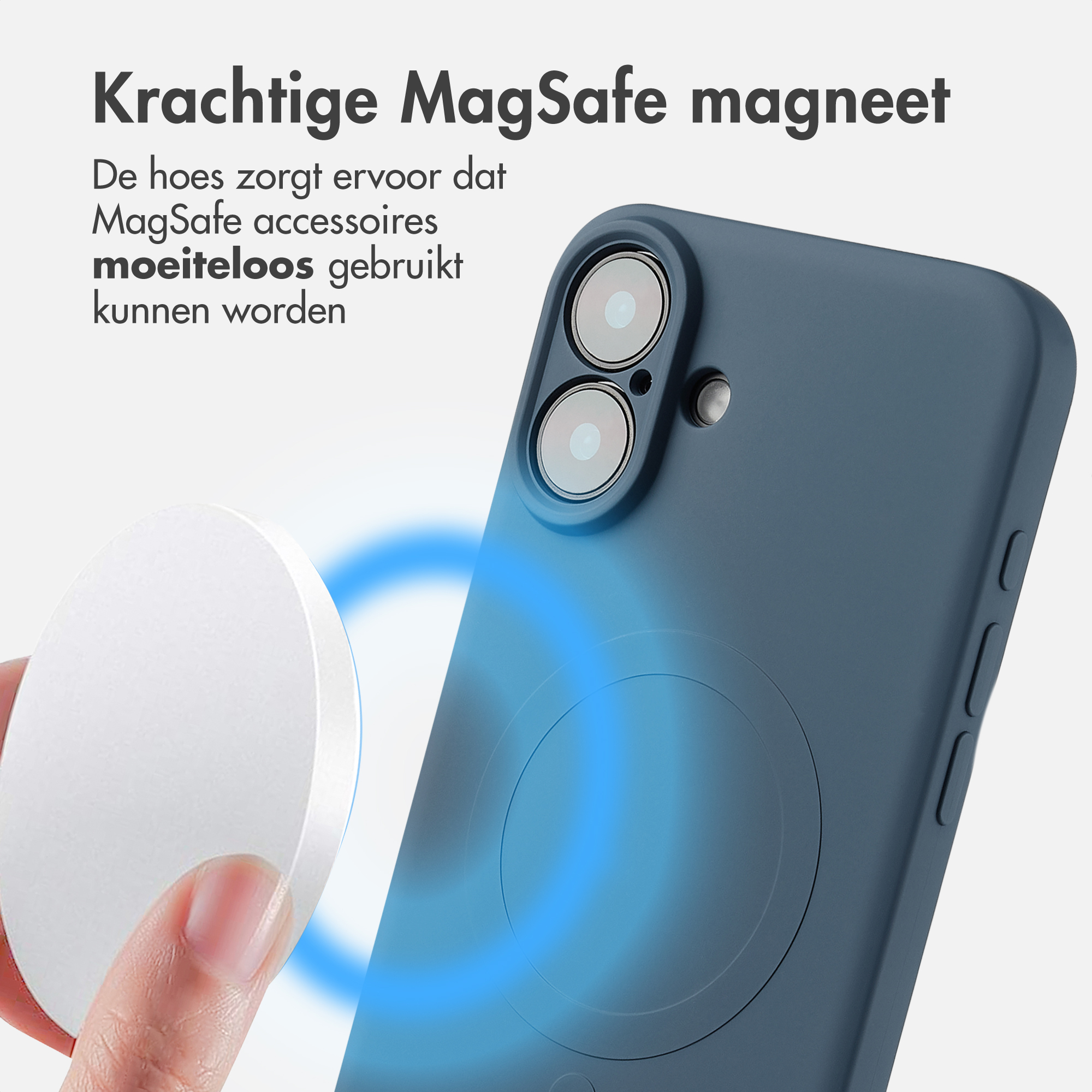 Une coque de téléphone avec un téléphone et un disque blanc. Un champ magnétique bleu émane de la coque.