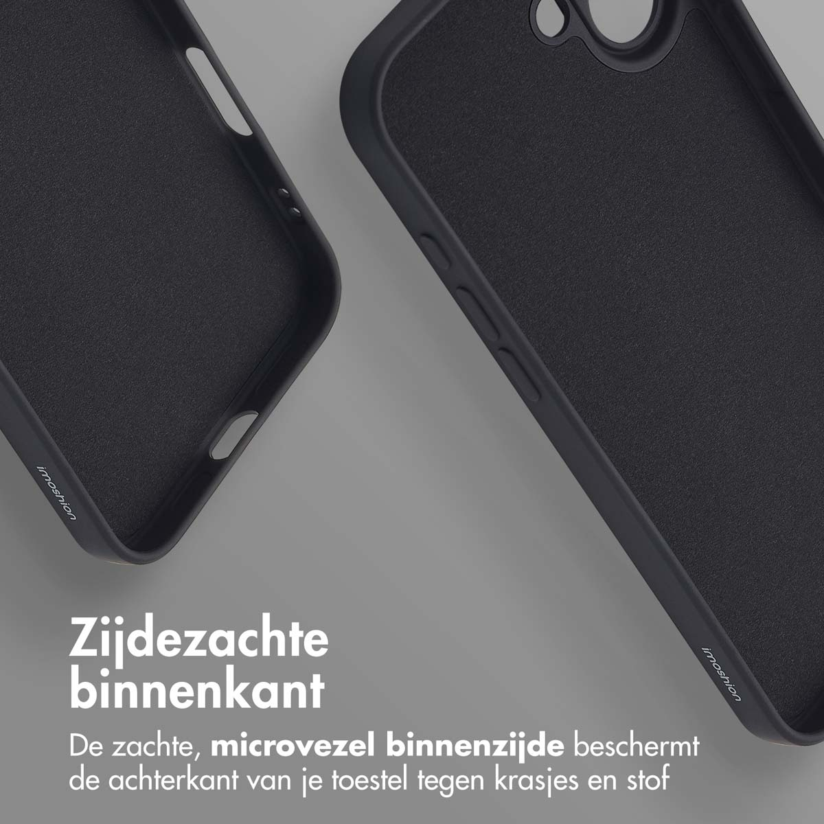 Deux étuis de téléphone noirs, un ouvert pour montrer la doublure intérieure douce, sur une surface gris clair.