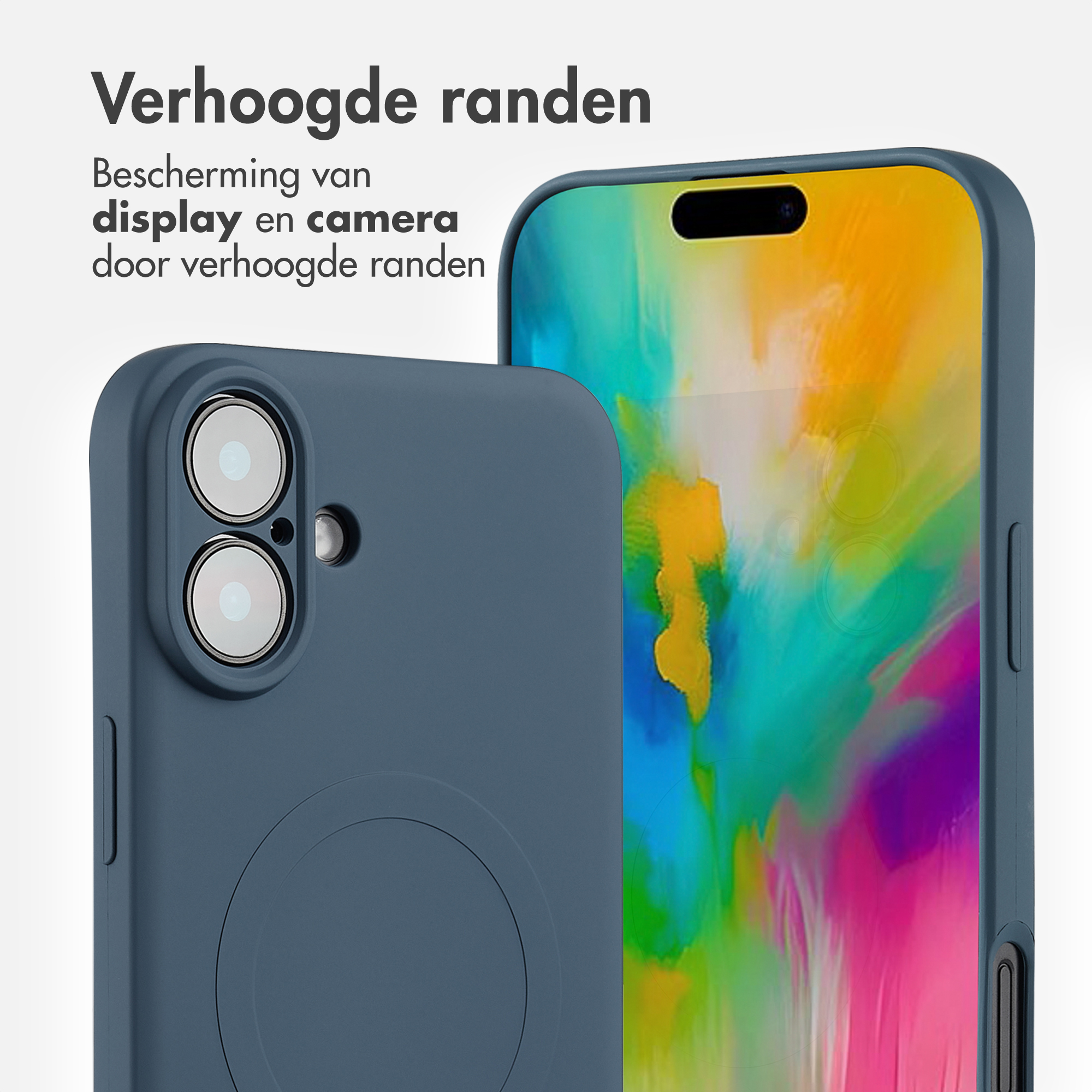 Gros plan d'une coque de téléphone bleue avec protection d'appareil photo et d'écran, montrant l'arrière et les bords.