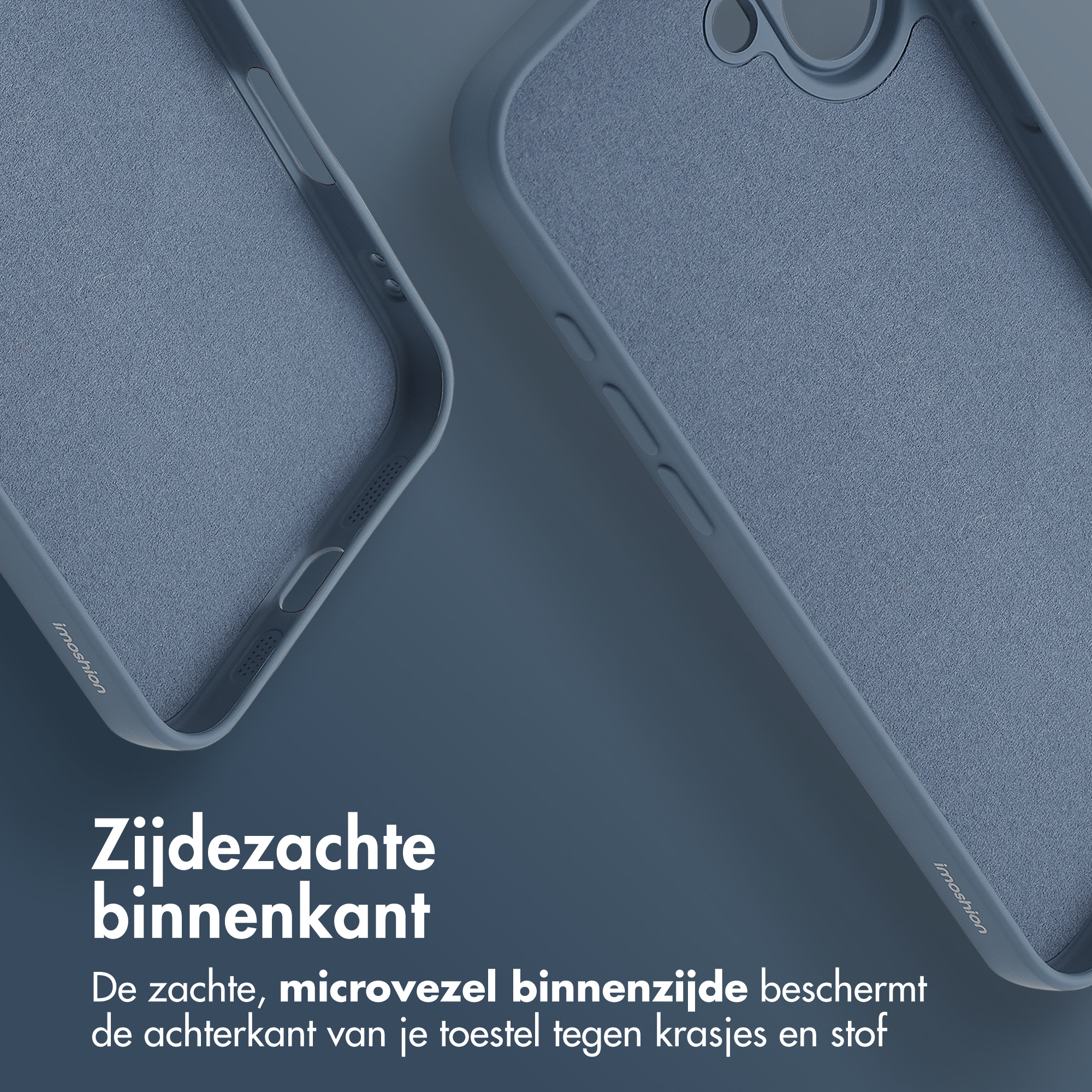 Deux coques de téléphone bleues. L'une est fermée, l'autre ouverte. Le texte dit : la microfibre douce à l'intérieur protège des rayures.