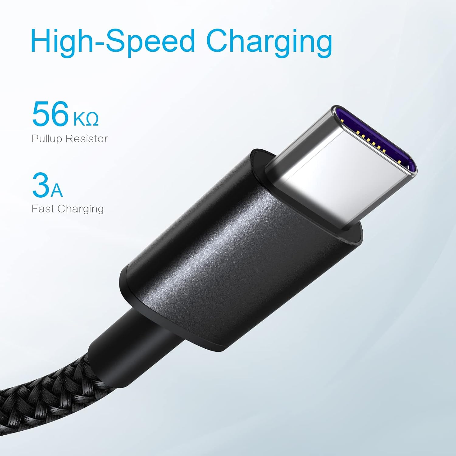 Ein USB-C-Kabel mit Text, der einen 56 kΩ Pullup-Widerstand und 3A Schnellladung angibt.