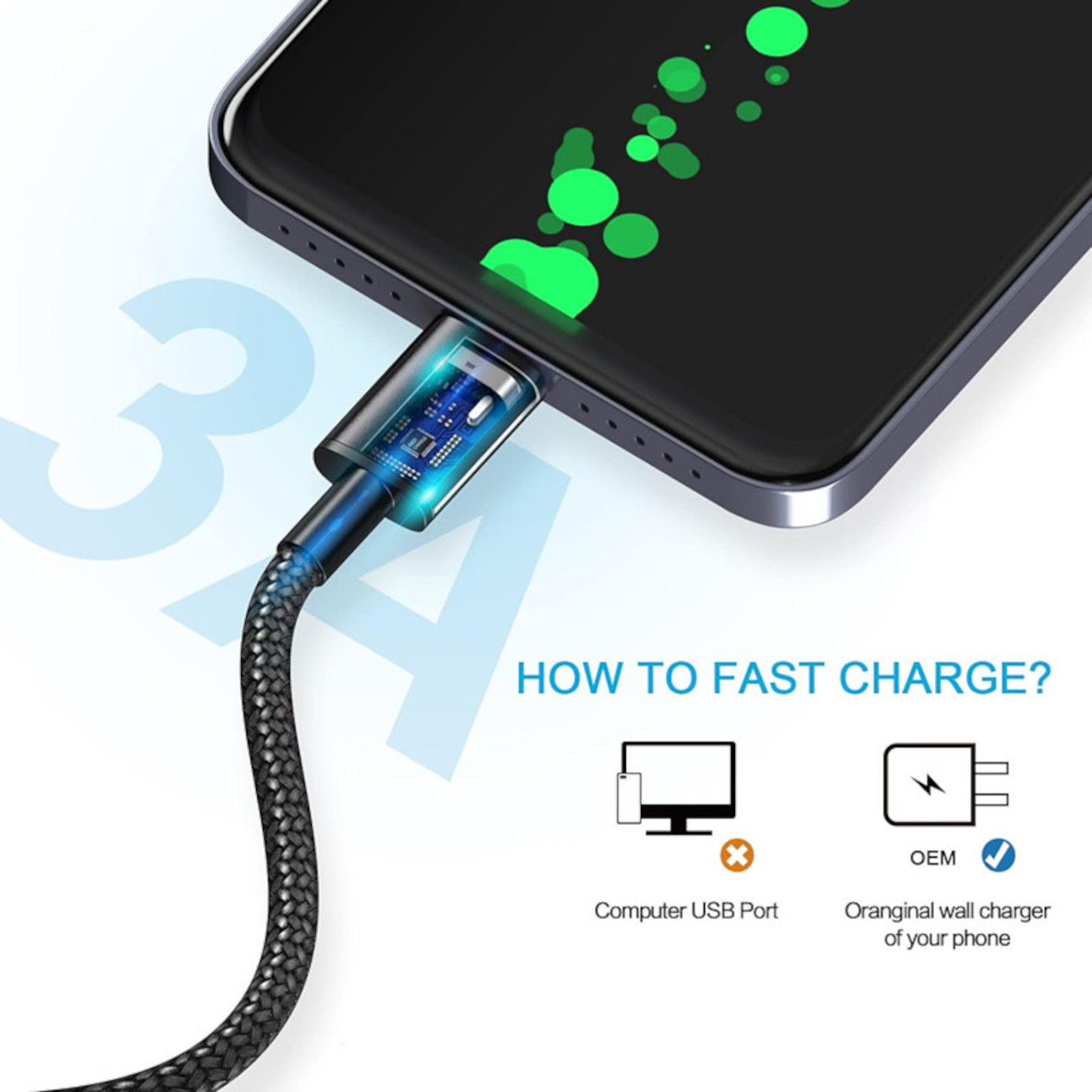 Telefon wird mit schwarzem Kabel geladen. Text: Wie schnell laden? OEM-Wandladegerät empfohlen.