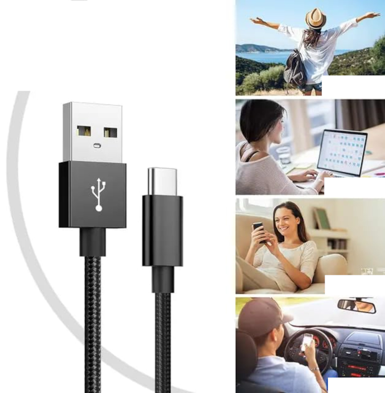 Ein schwarzes USB-zu-USB-C-Kabel mit Bildern von Menschen, die Telefone, Laptops nutzen und die Natur genießen.
