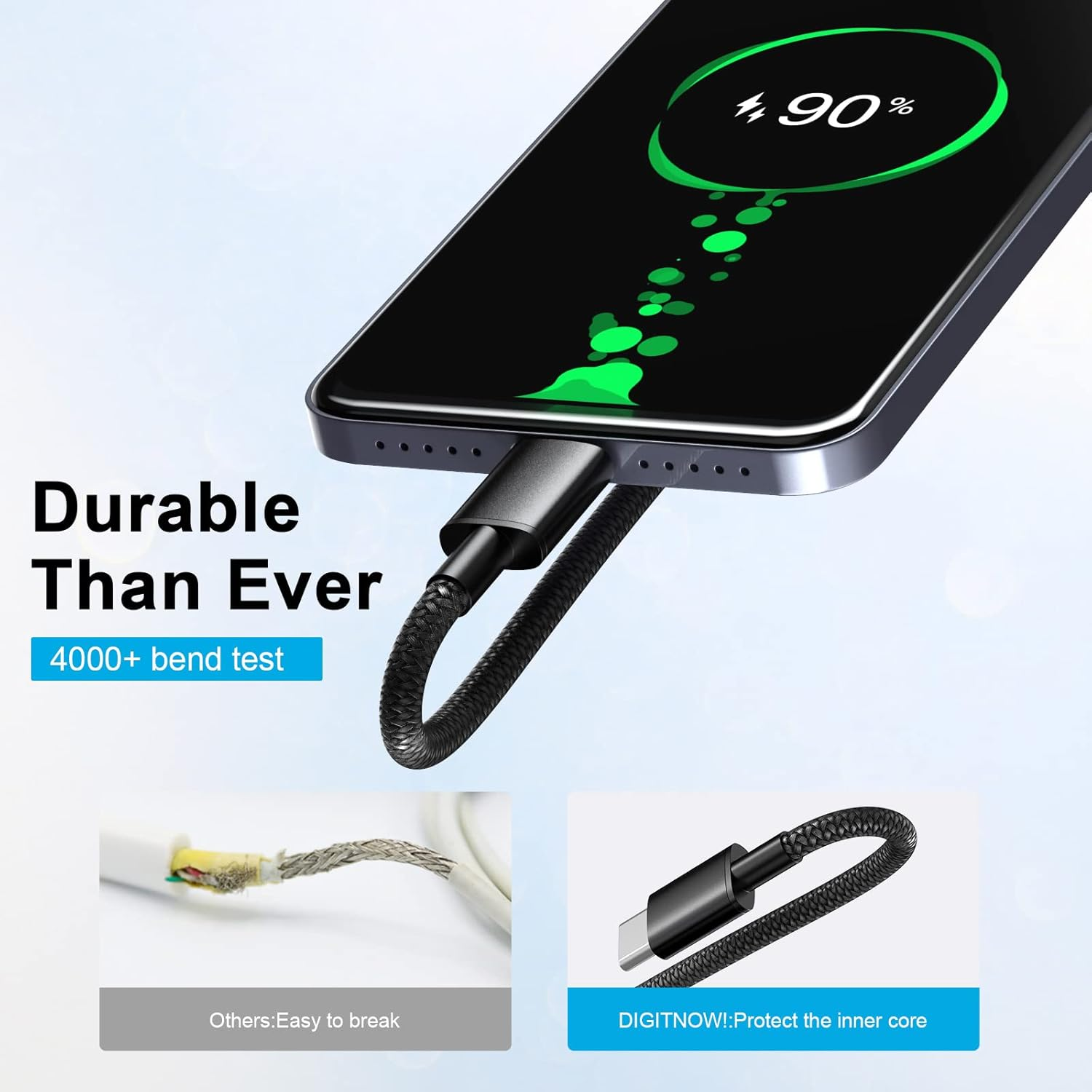 Schwarzes Telefon wird mit einem Kabel geladen, das seine robuste Konstruktion zeigt.