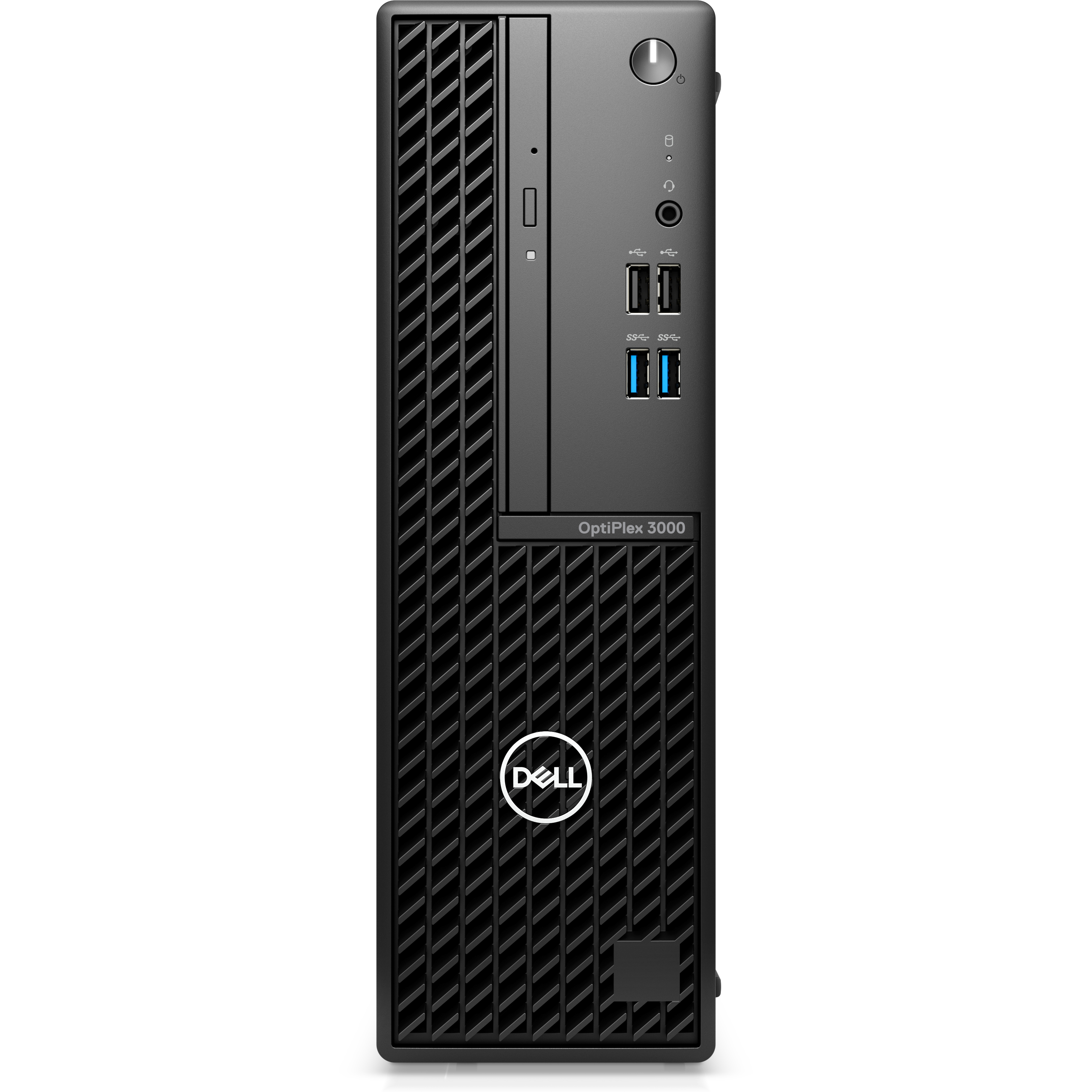 PC tower Dell OptiPlex 3000, nero con logo Dell, vista frontale.