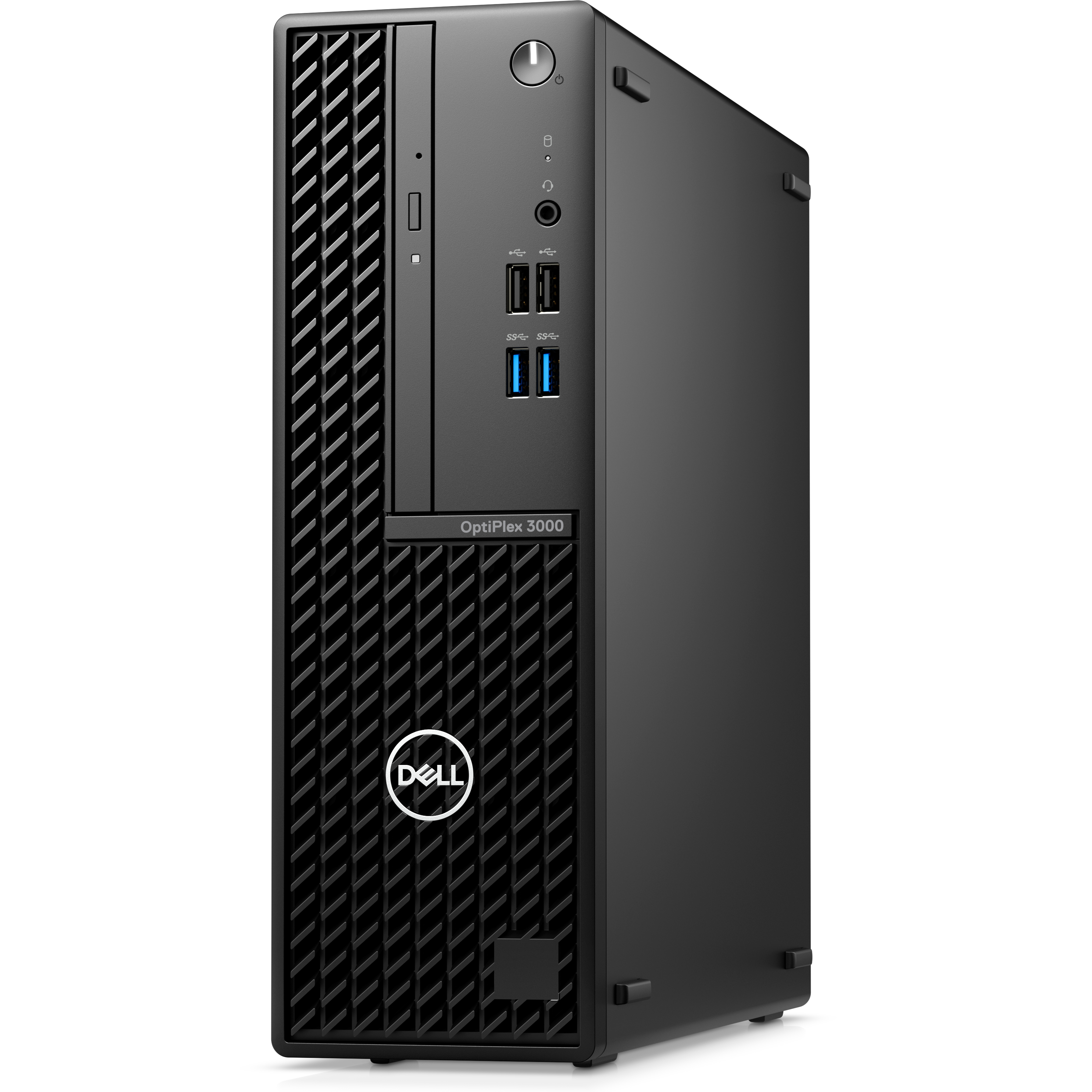 Computer desktop Dell OptiPlex 3000 nero. Vista frontale. Porte visibili. Sfondo bianco.