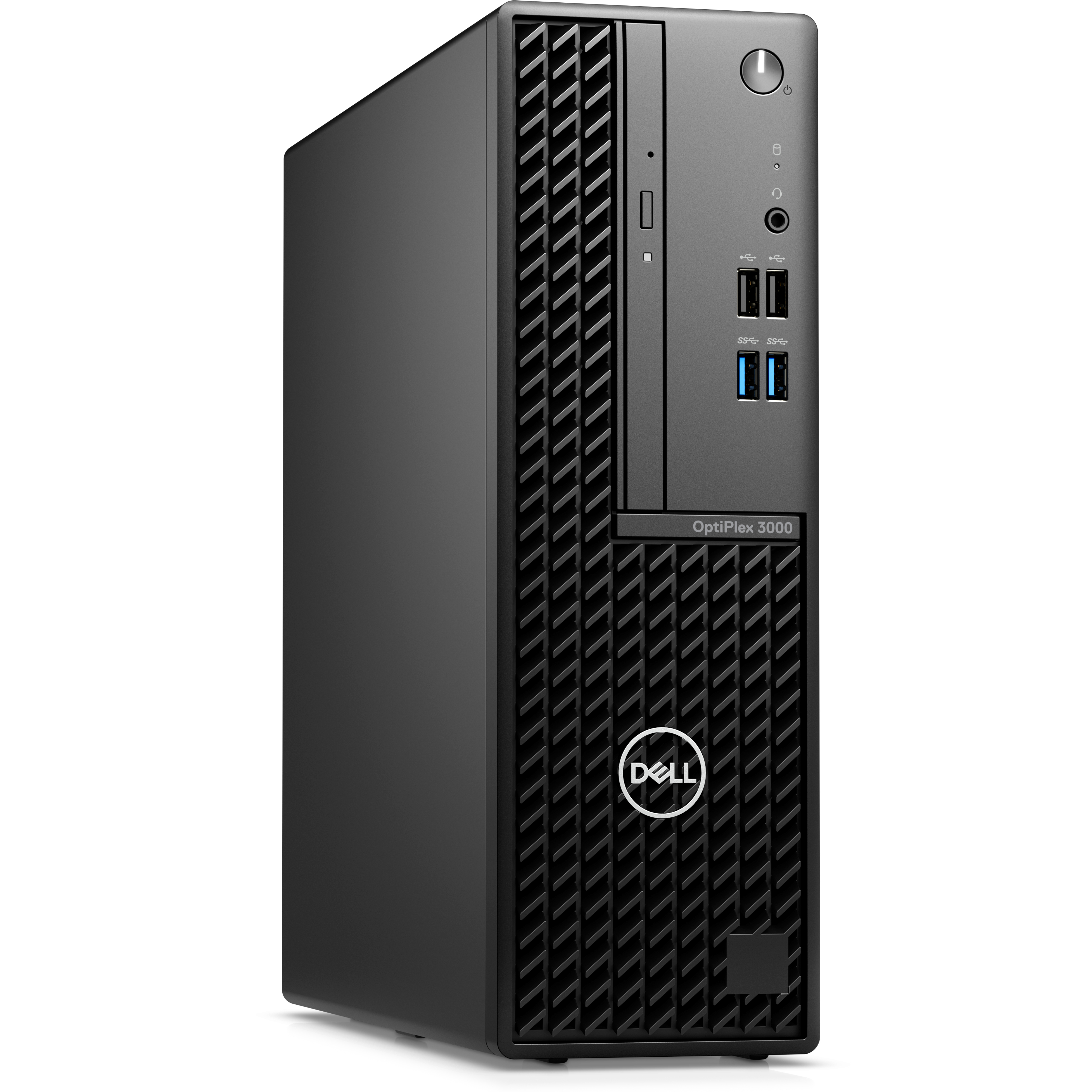 Computer desktop nero Dell OptiPlex 3000, vista frontale. Con porte e logo Dell.