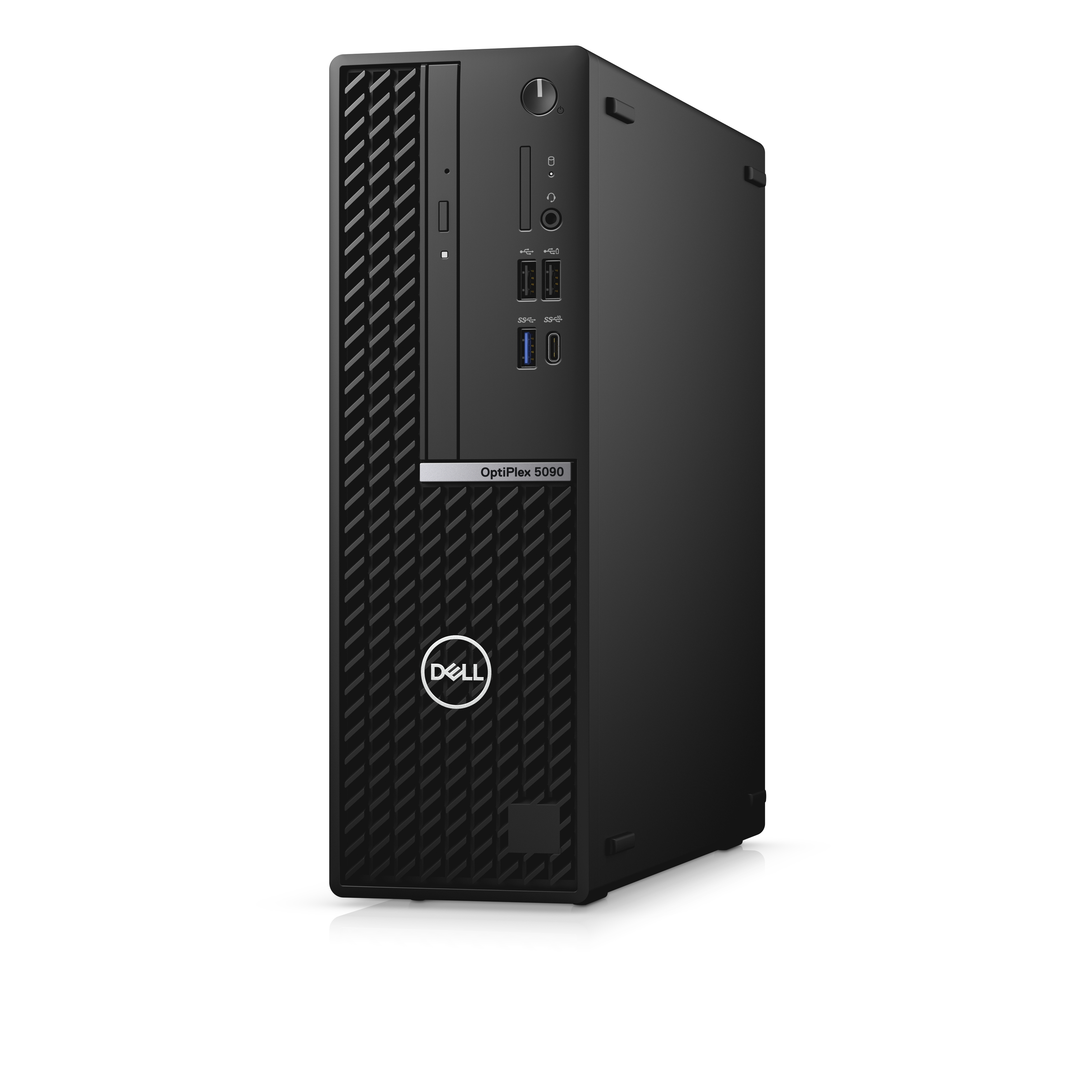 Zwarte Dell OptiPlex 5090 desktopcomputer. Dell-logo zichtbaar aan de voorkant.
