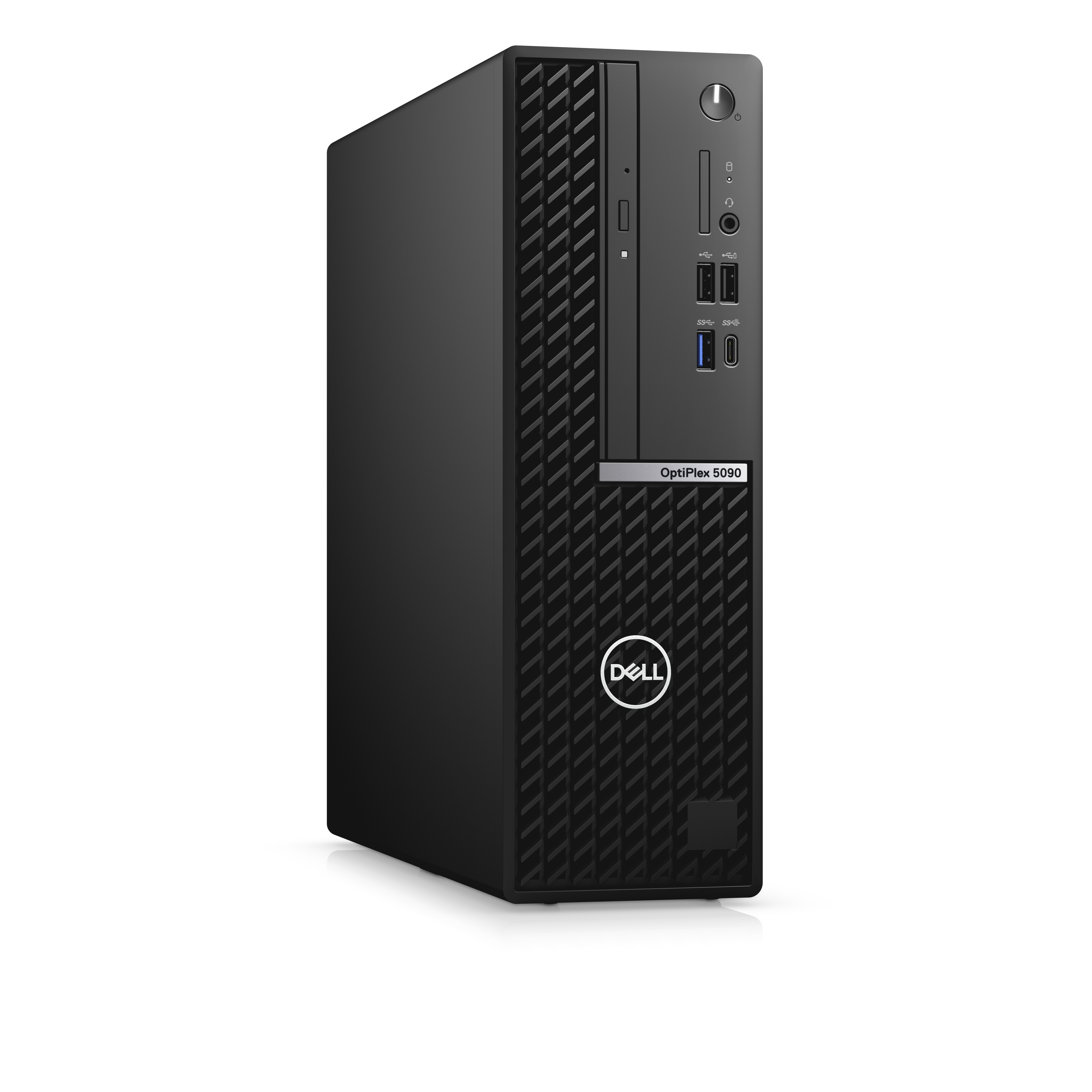 Een Dell OptiPlex 5060 desktopcomputer, zwart, op een witte achtergrond. Hij staat rechtop met zichtbare poorten.