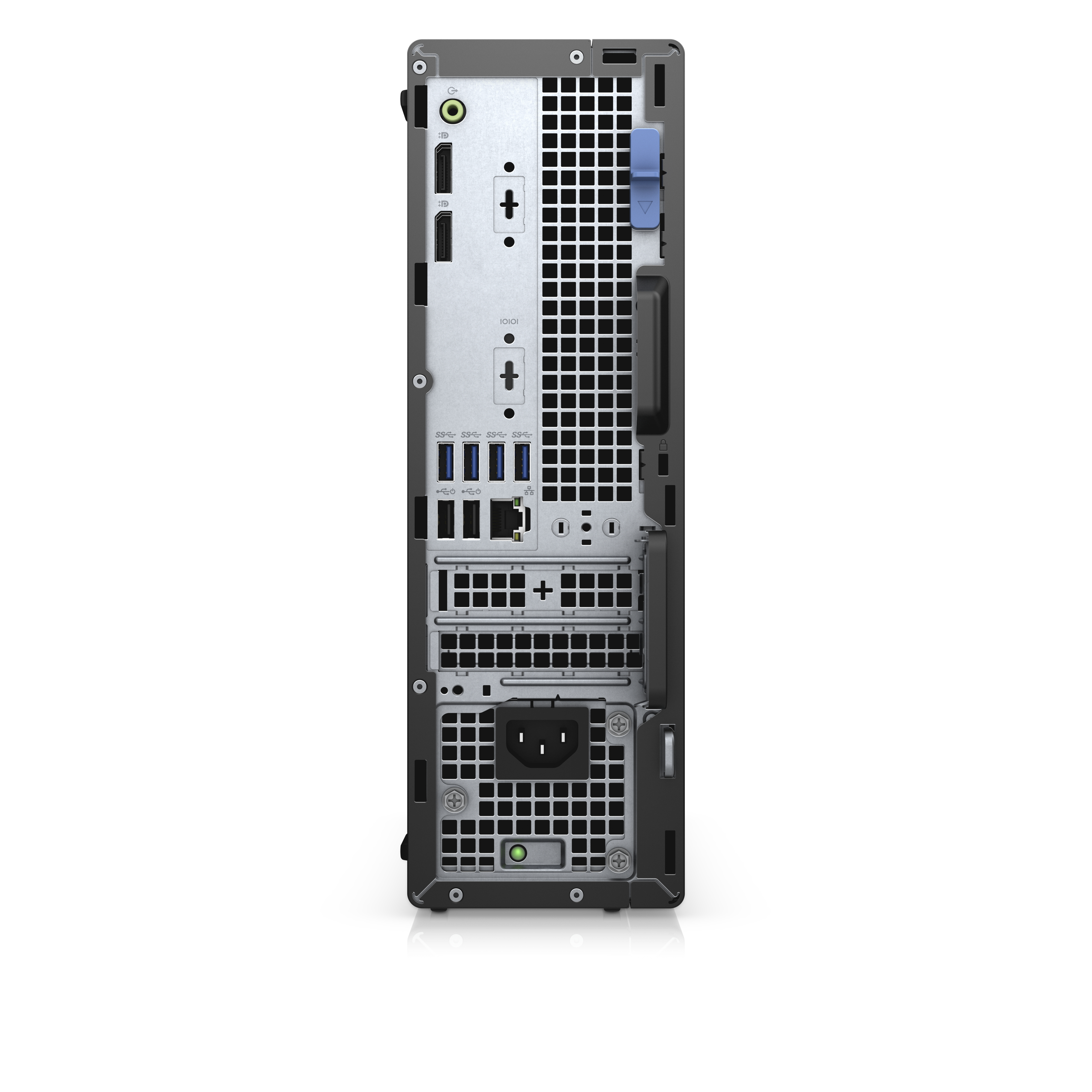 Achterkant van een zwarte en zilveren desktopcomputer. Toont verschillende poorten en een stroomingang.