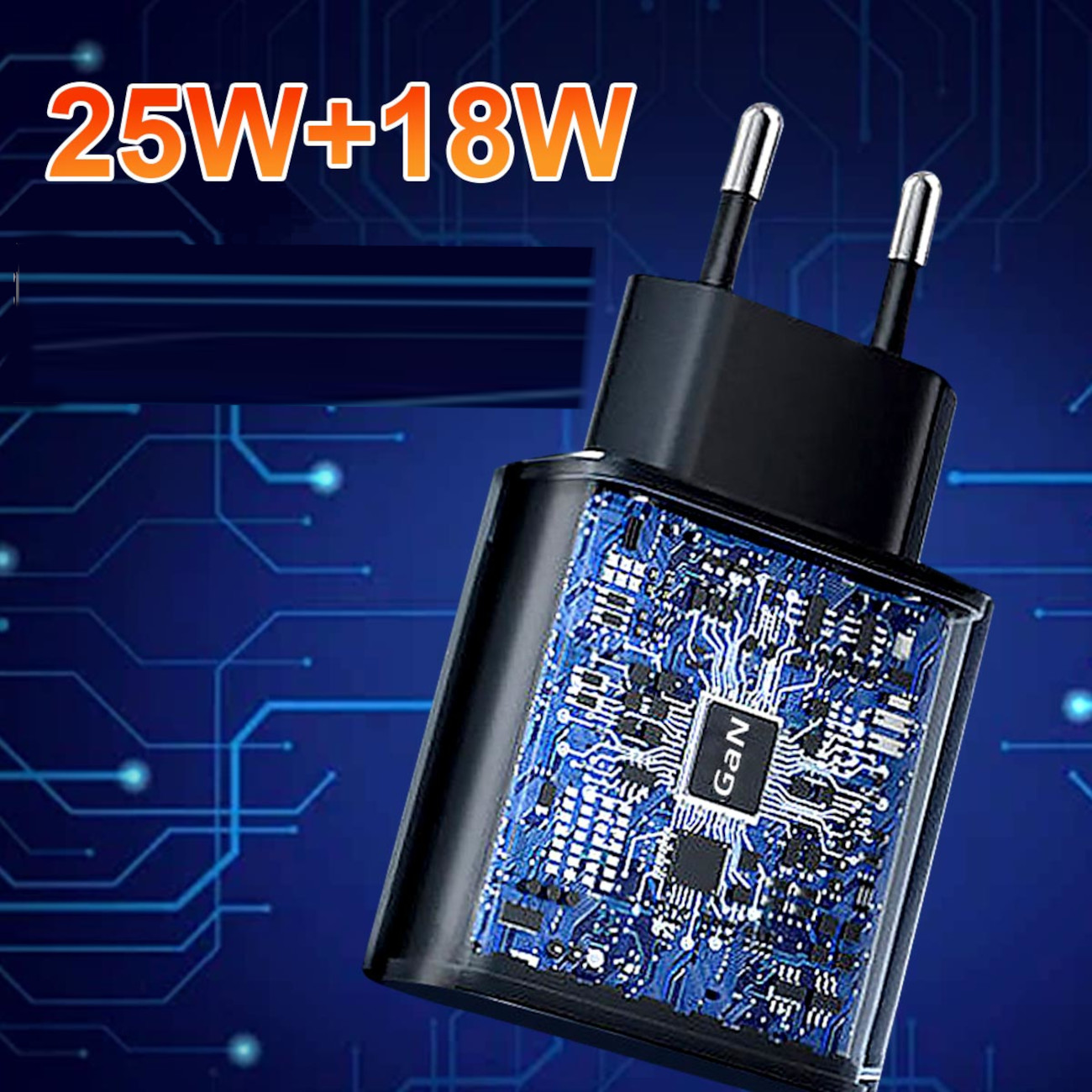 Schwarzes Netzteil mit blauem Leiterplattendesign. Der Adapter hat zwei Stifte.